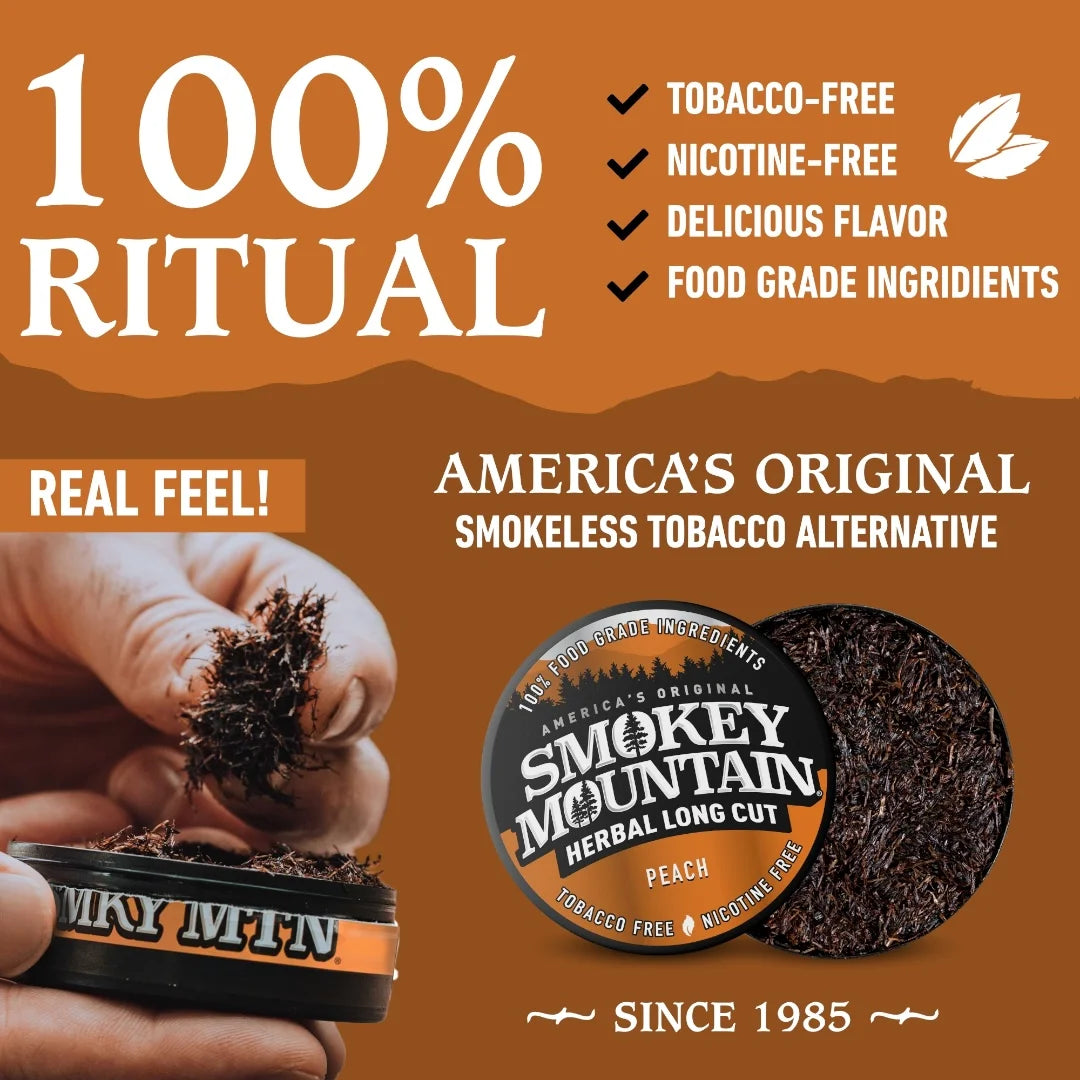 Advertisement for Smokey Mountain Herbal Long Cut with product packaging and text on a brown background.