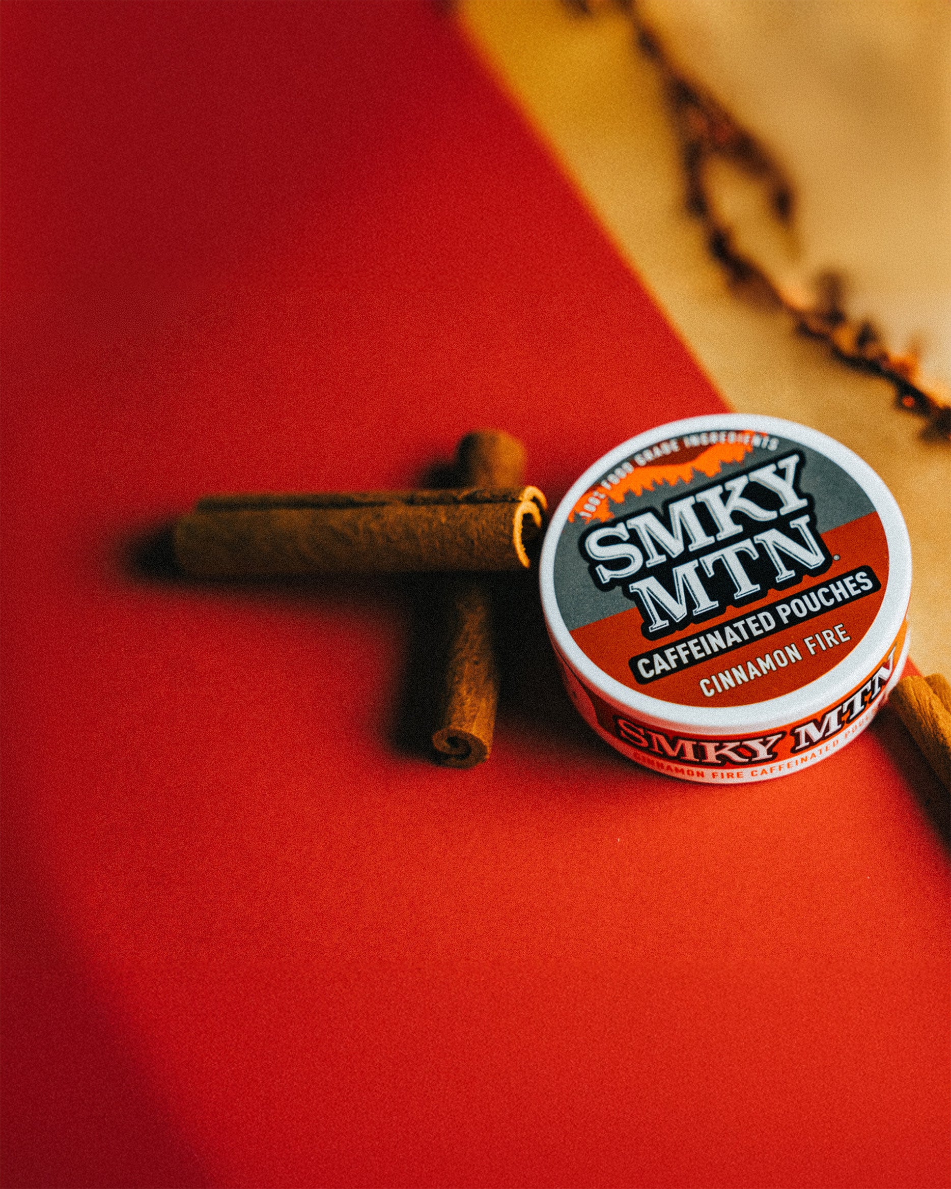 Smokey Mountain Cinnamon Fire Caffeinated Pouches with cinnamon sticks.