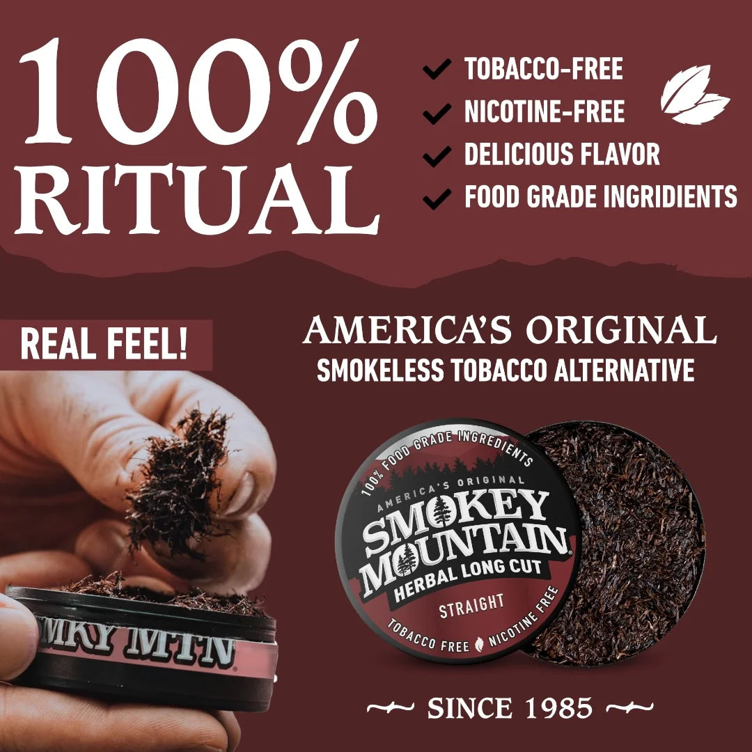 Advertisement for Smokey Mountain Herbal Long Cut, highlighting features and branding.