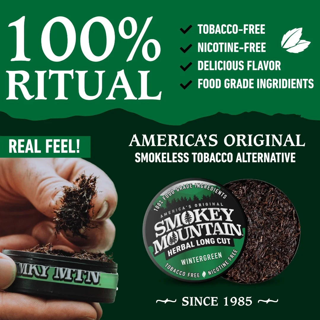Advertisement for Smokey Mountain Herbal Long Cut Wintergreen, highlighting features and branding.