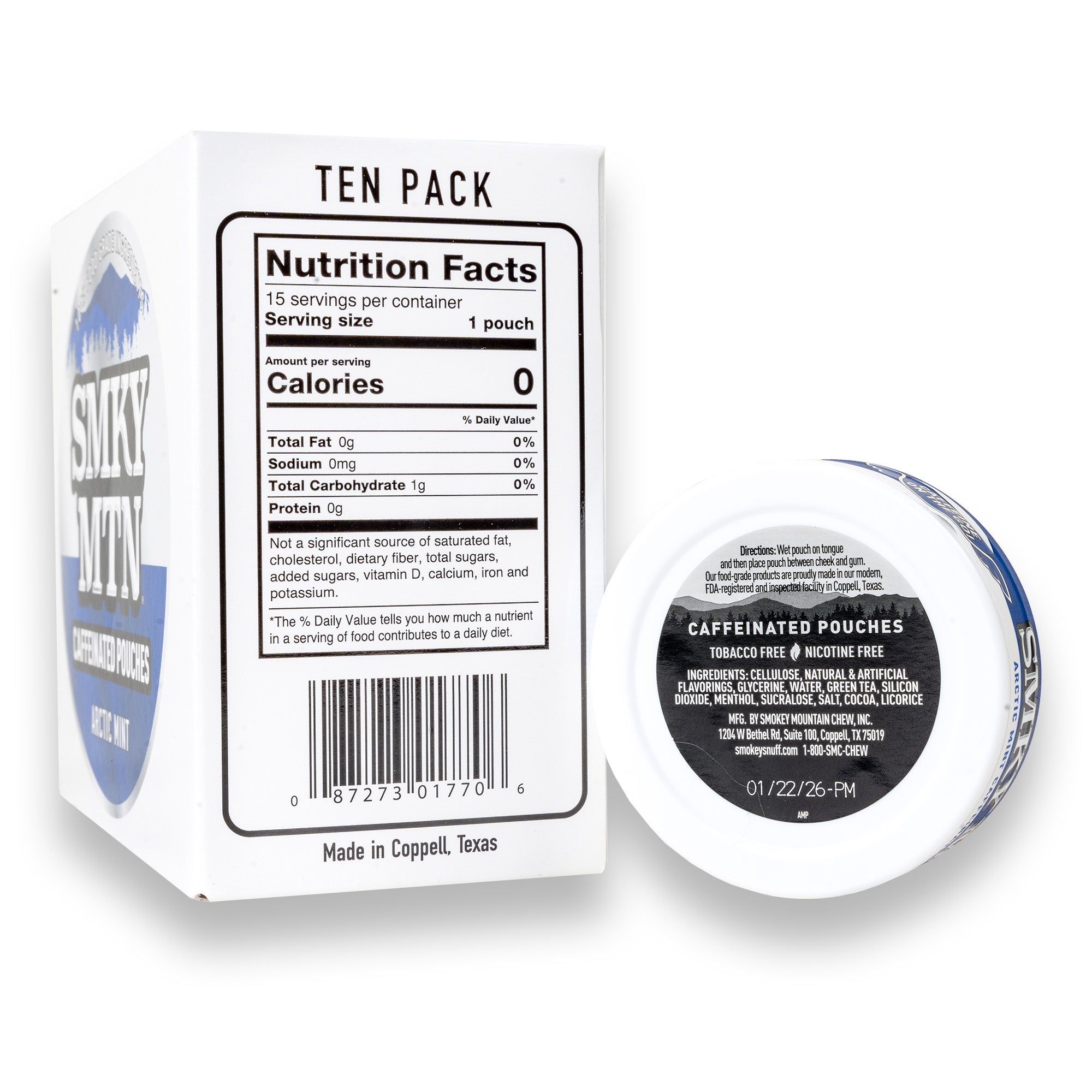 Smokey Mountain Arctic Mint Caffeinated Pouches product label White Background