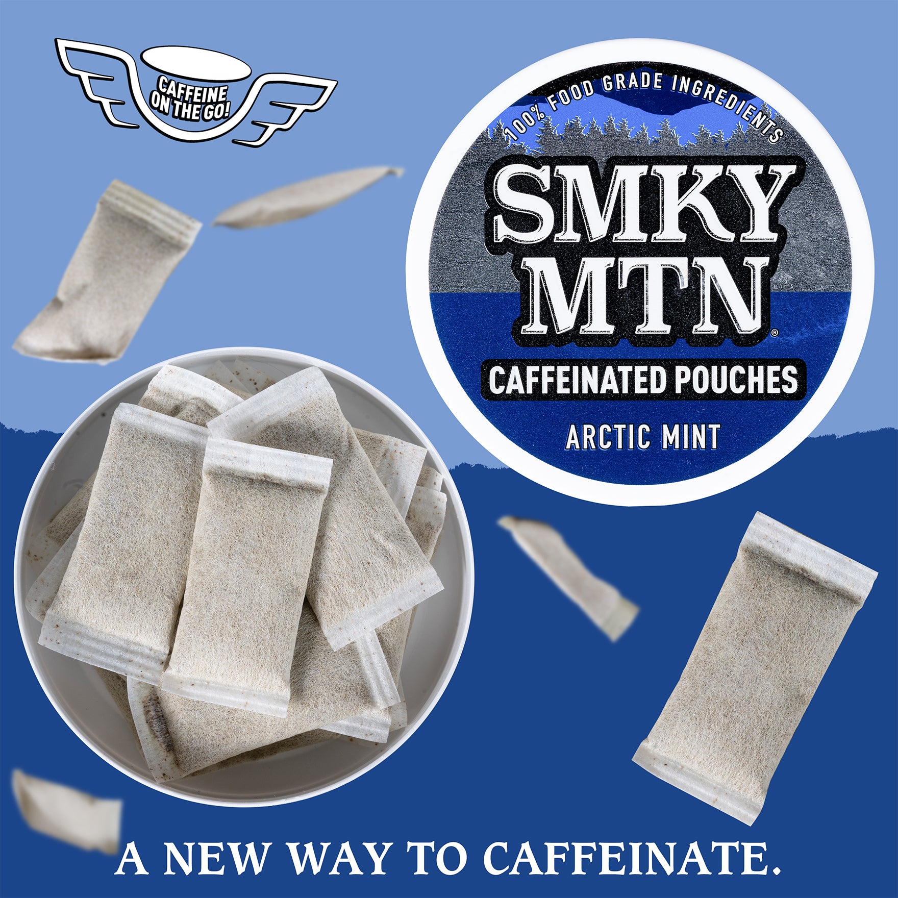 Smokey Mountain Arctic Mint Coffee flavored nicotine and tobacco free pouches graphic.