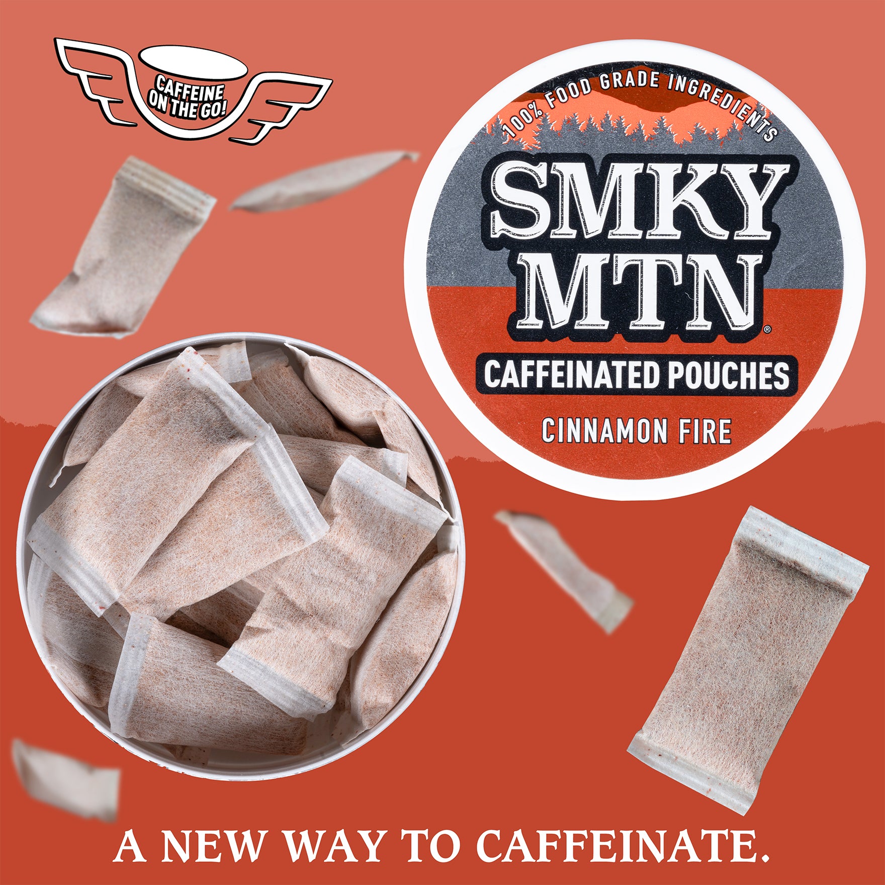 Smokey Mountain Cinnamon Fire caffeinated pouches graphic.