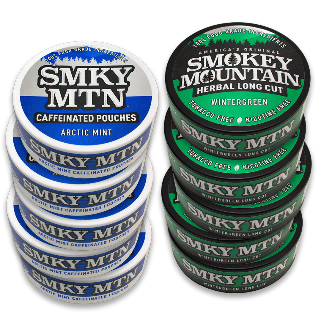 5 cans of smokey mountain arctic mint caffeinated pouches and five cans of wintergreen long cut stacked