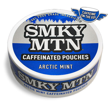 A can of smokey mountain arctic mint caffeinated pouches on a white background.