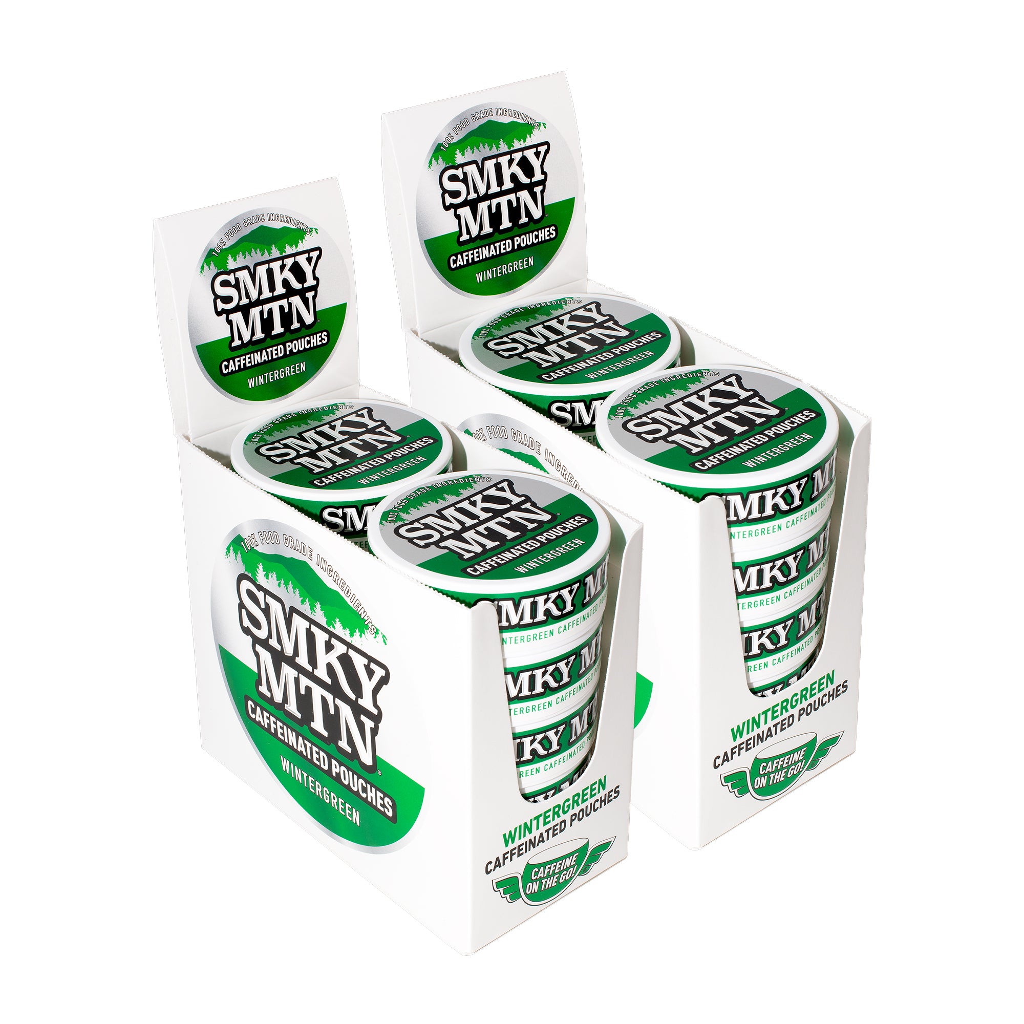 two ten packs of smokey mountain caffeinated pouches on a white background promoting a 10% off bulk subscription offer.