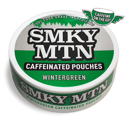 A can of smokey mountain wintergreen caffeinated pouches on a white background.