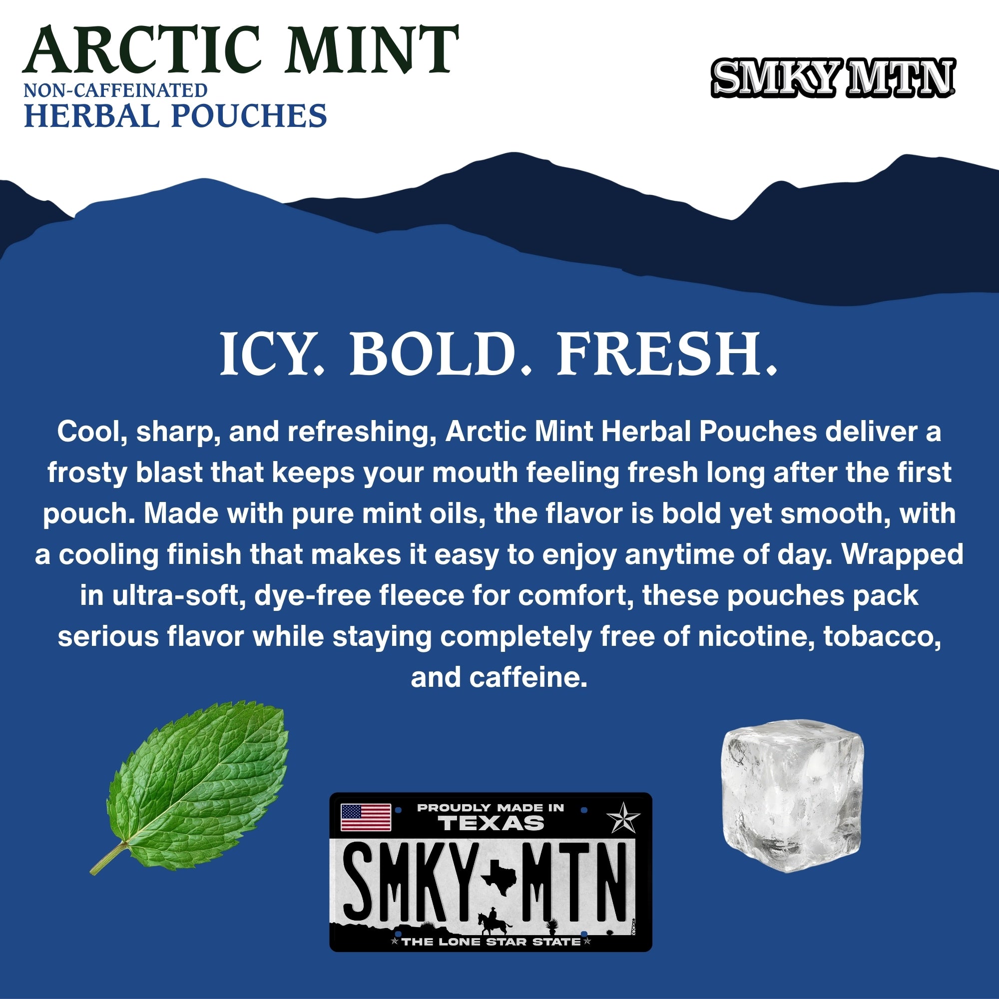 Advertisement for Arctic Mint Herbal Pouches with text and product images on a blue background.
