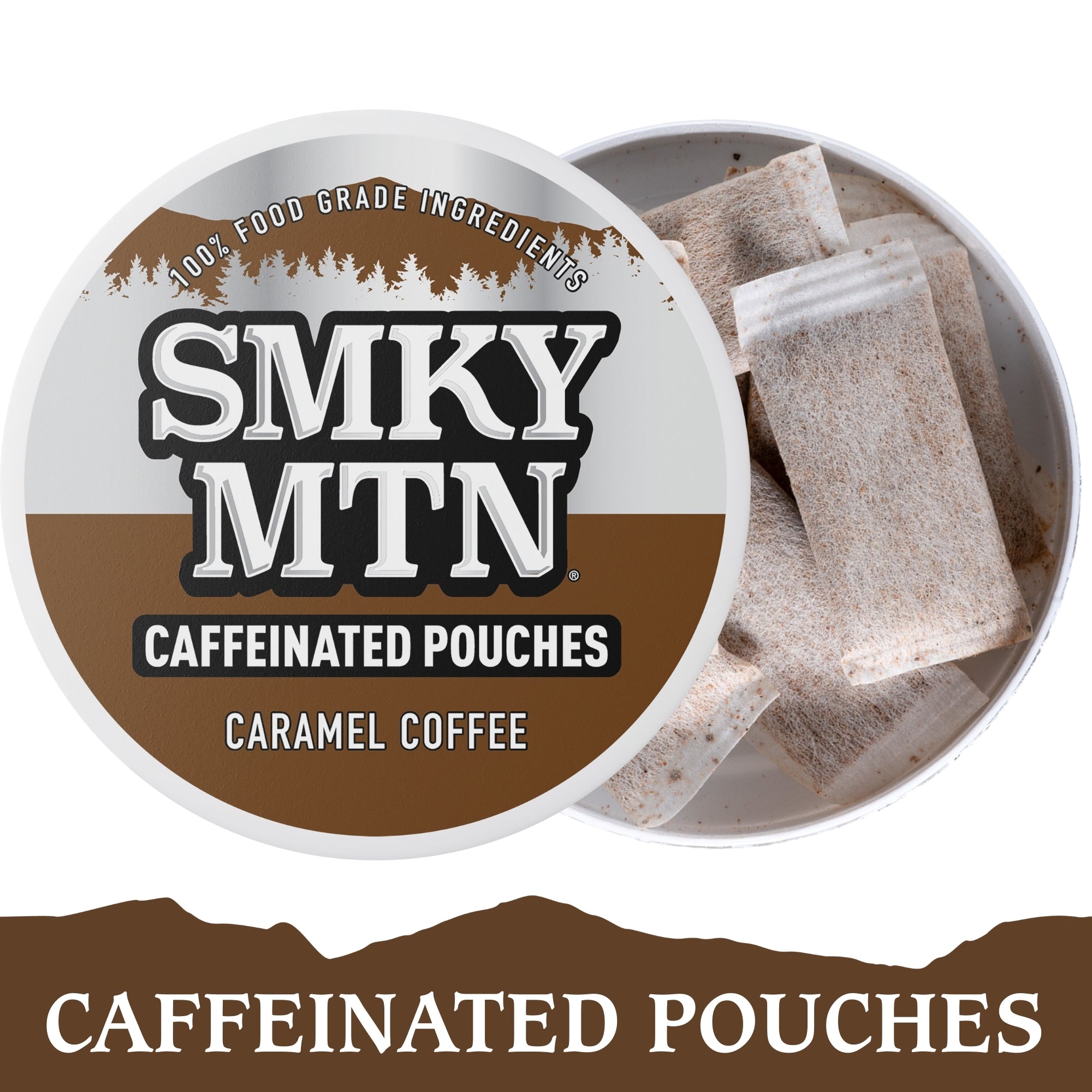 Caffeinated pouches in a container with 'SMKY MTN' branding on a white background