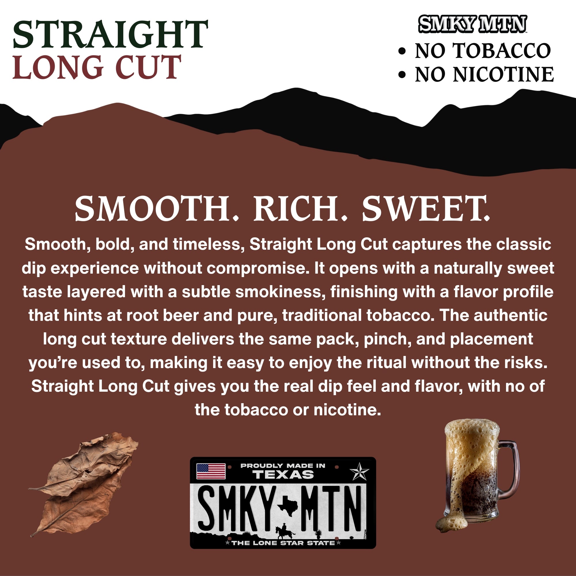 Advertisement for Smokey Mountain Straight Long Cut product with text and graphics on a brown background.