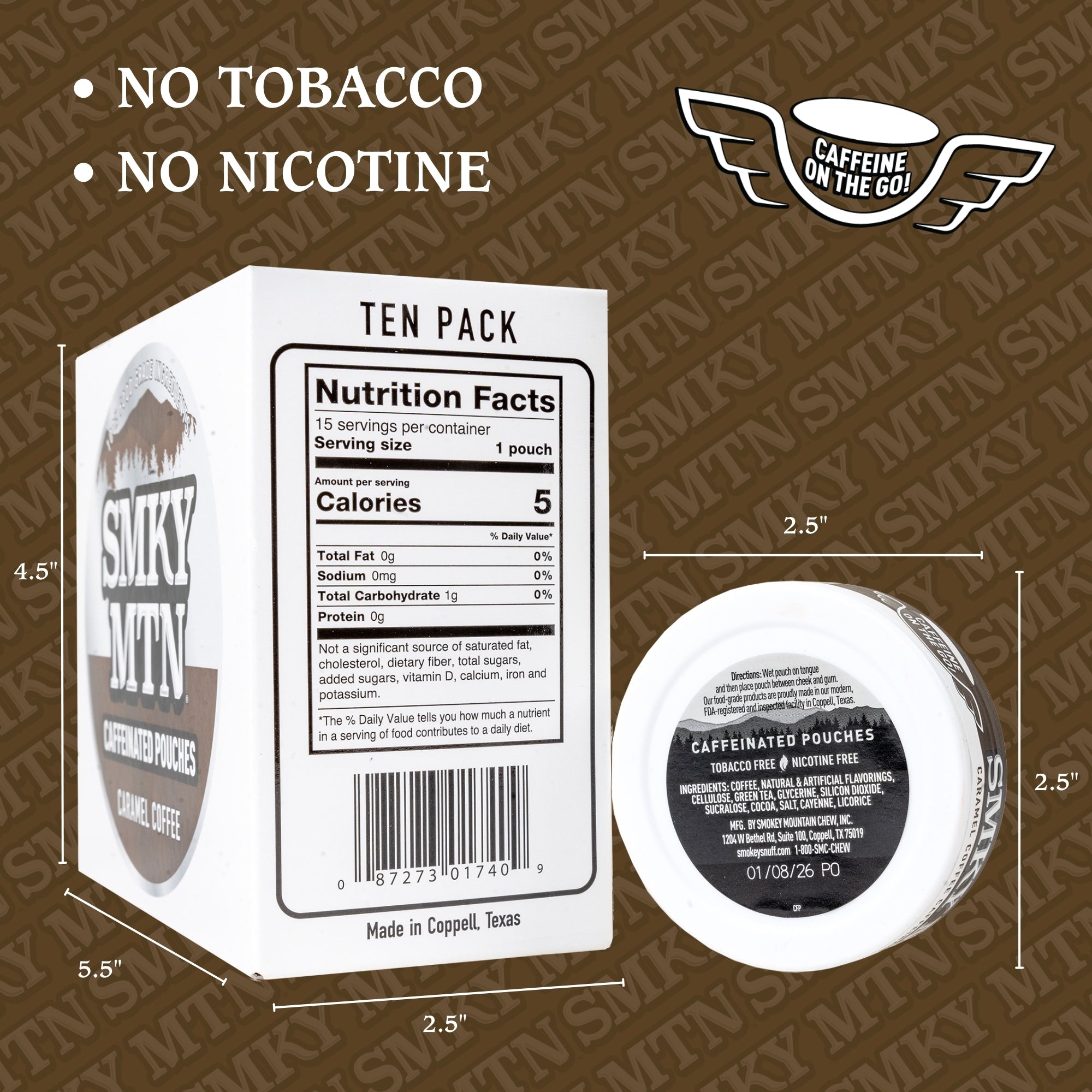 Smokey Mountain Caffeinated Pouches packaging with dimensions and nutrition facts label on a brown background.