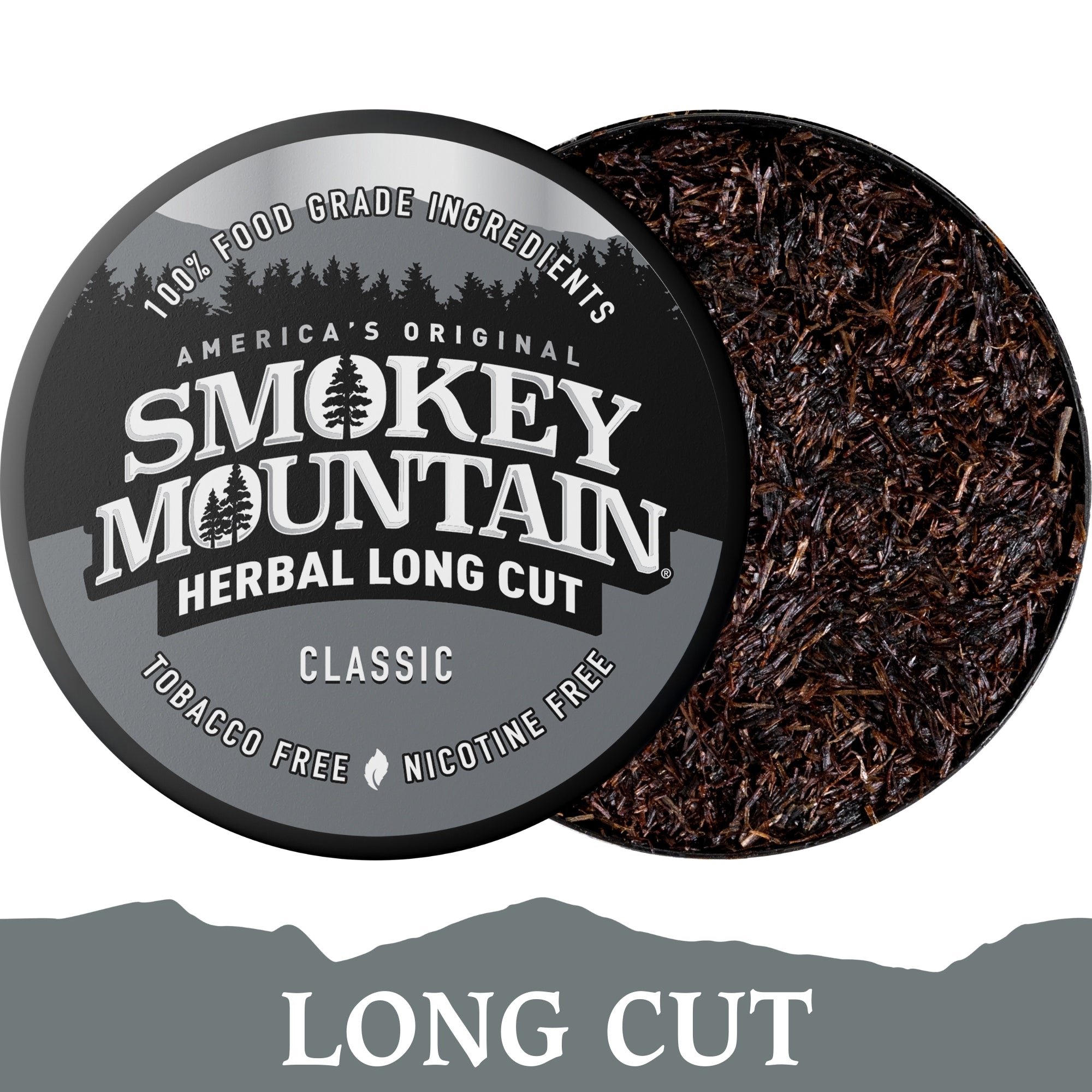 Smokey Mountain Herbal Long Cut tobacco-free product with packaging on a white background