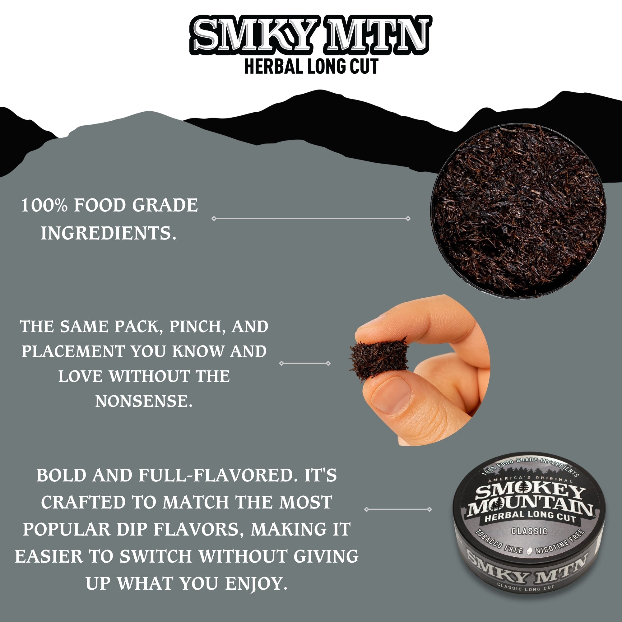 Smokey Mountain Herbal Long Cut product packaging with text on food grade ingredients and packaging.