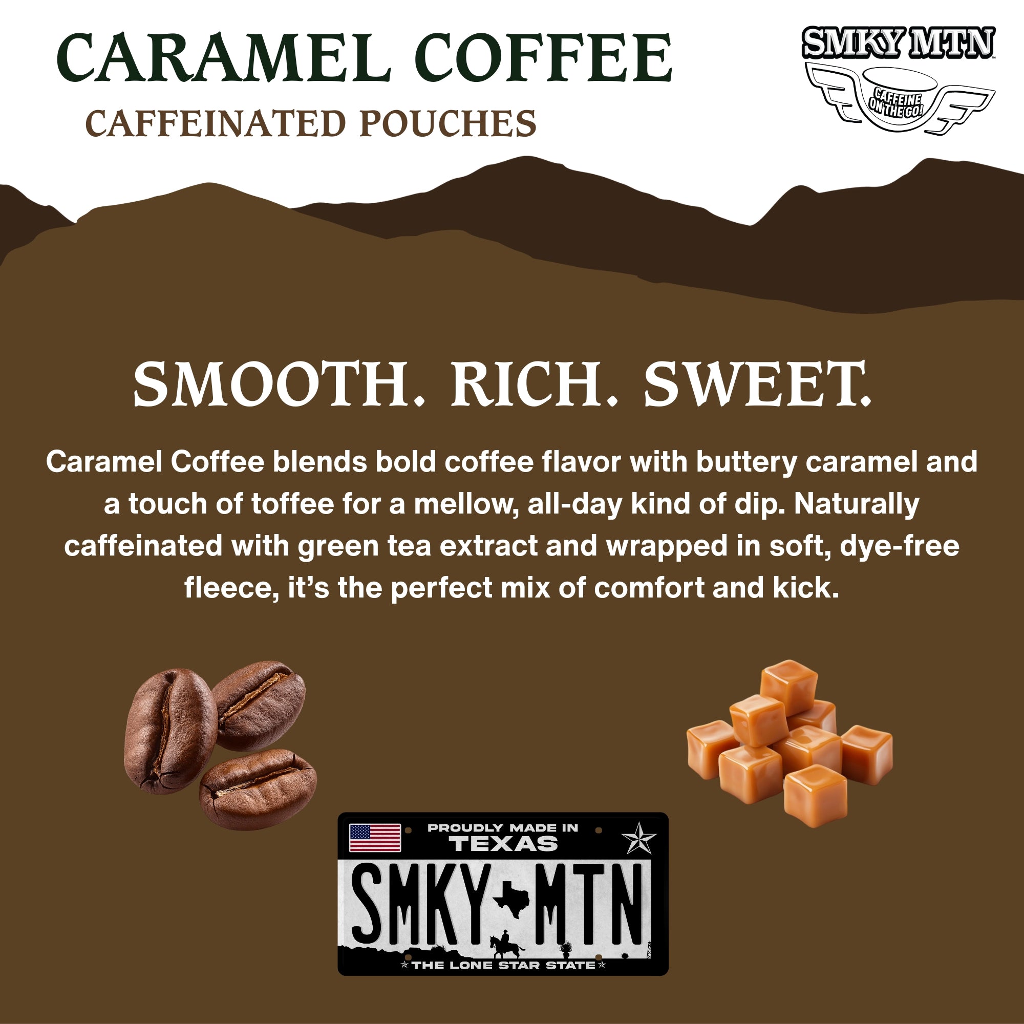 Advertisement for Caramel Coffee with coffee beans and caramels on a brown background, featuring the Smky Mttn brand.