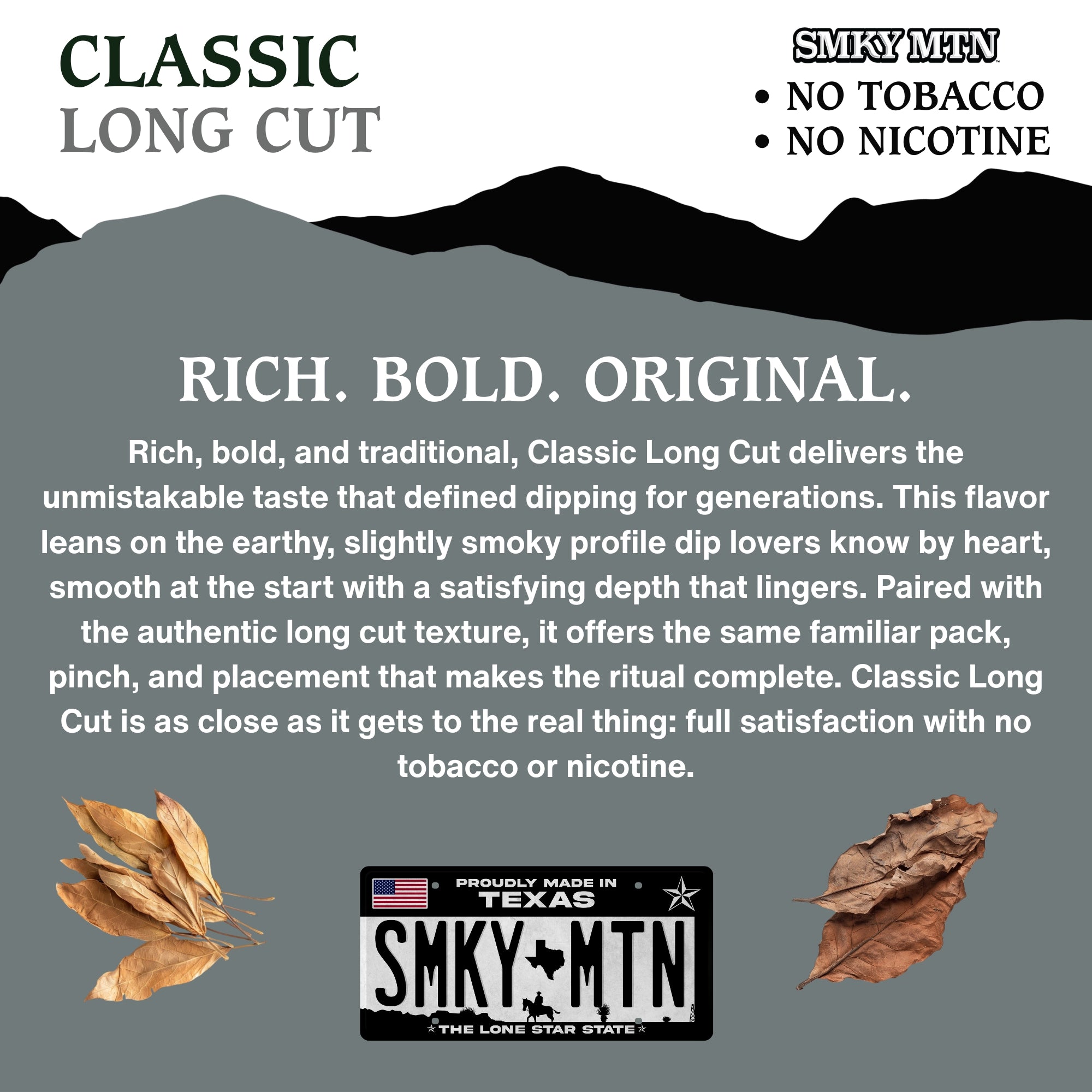 Advertisement for Classic Long Cut product with text and Smokey Mountain logo on a gray background.