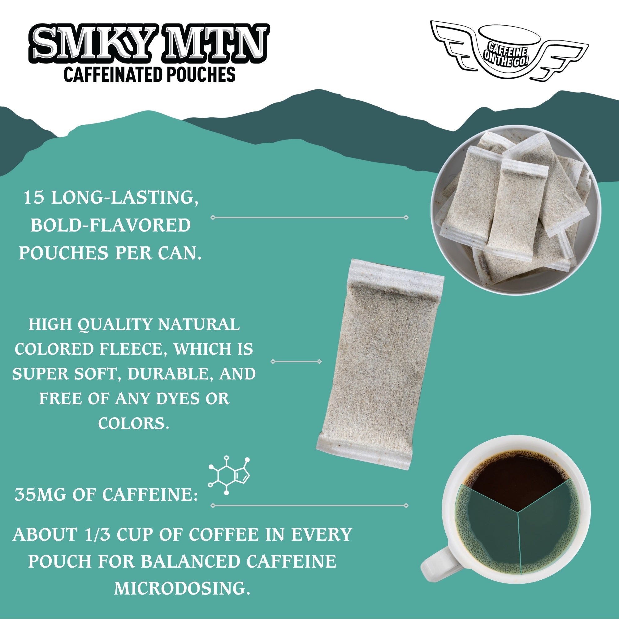 Promotional graphic for Smky MTN caffeinated pouches with text and product images on a teal background.