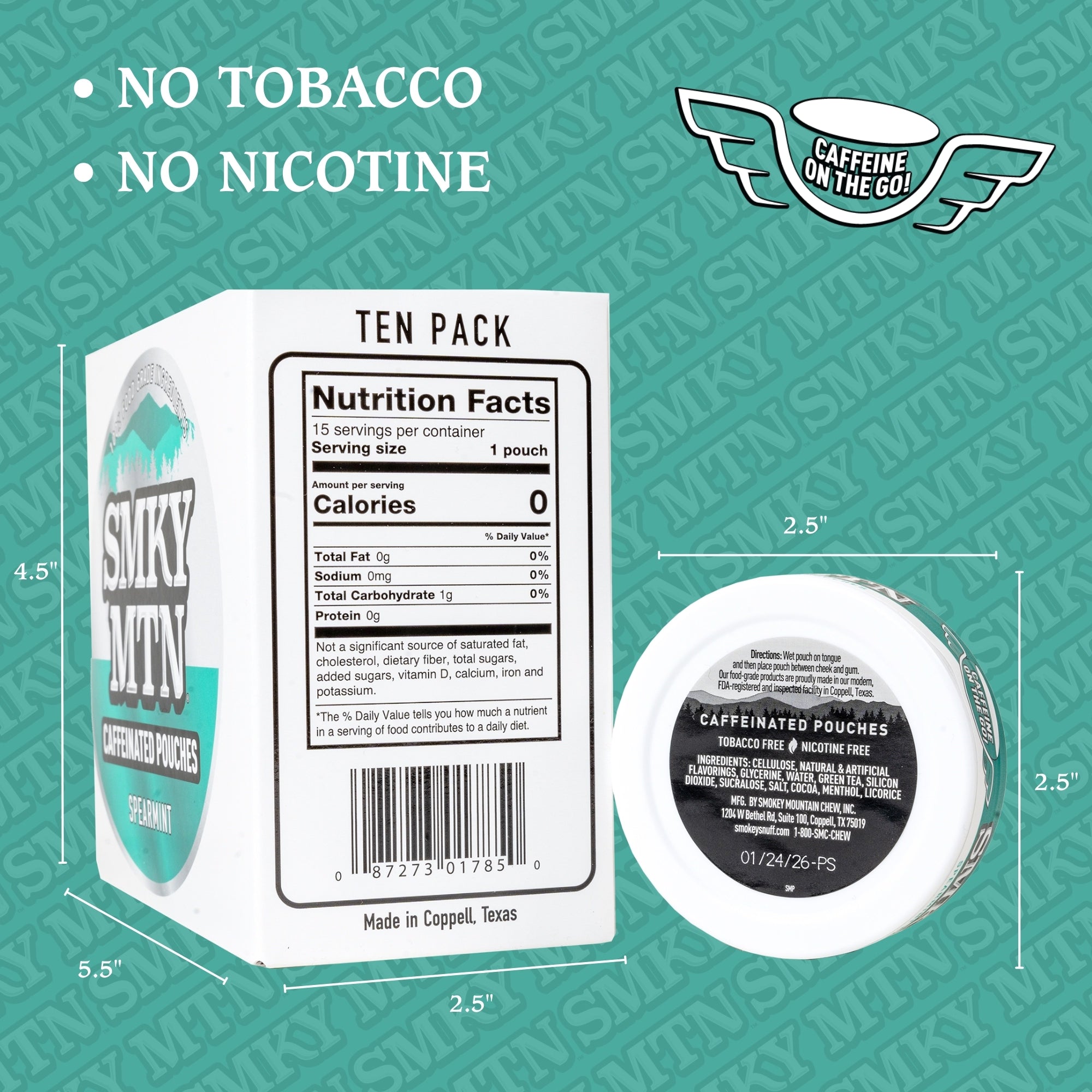 Caffeinated pouches packaging with dimensions and nutrition facts label on a teal background.