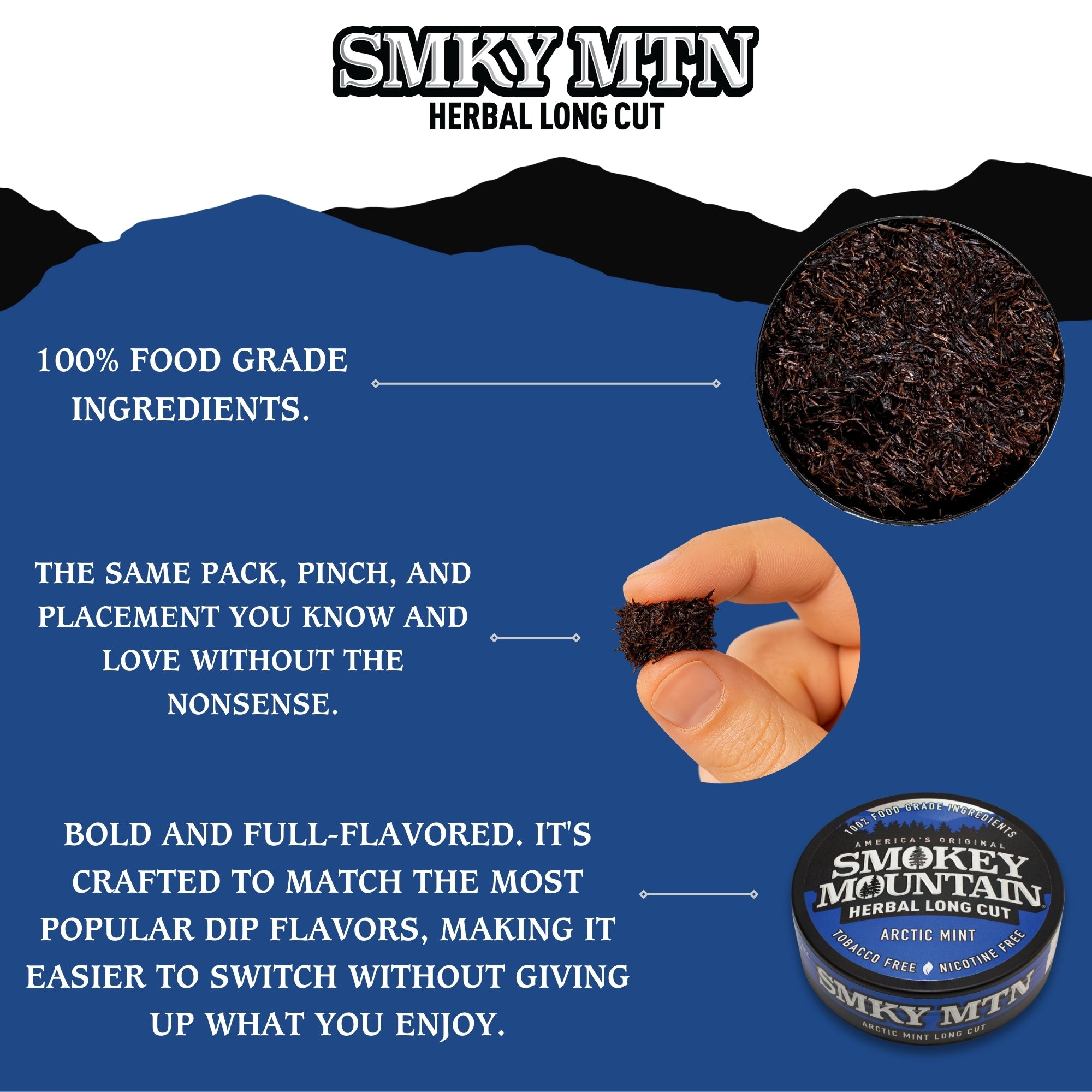 Advertisement for Smokey MTN Herbal Long Cut with product packaging, ingredients, and text on a blue background.