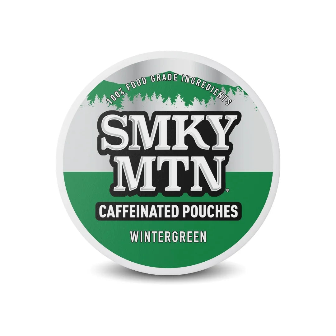 Container of Smky MTN caffeinated pouches with wintergreen flavor on a white background