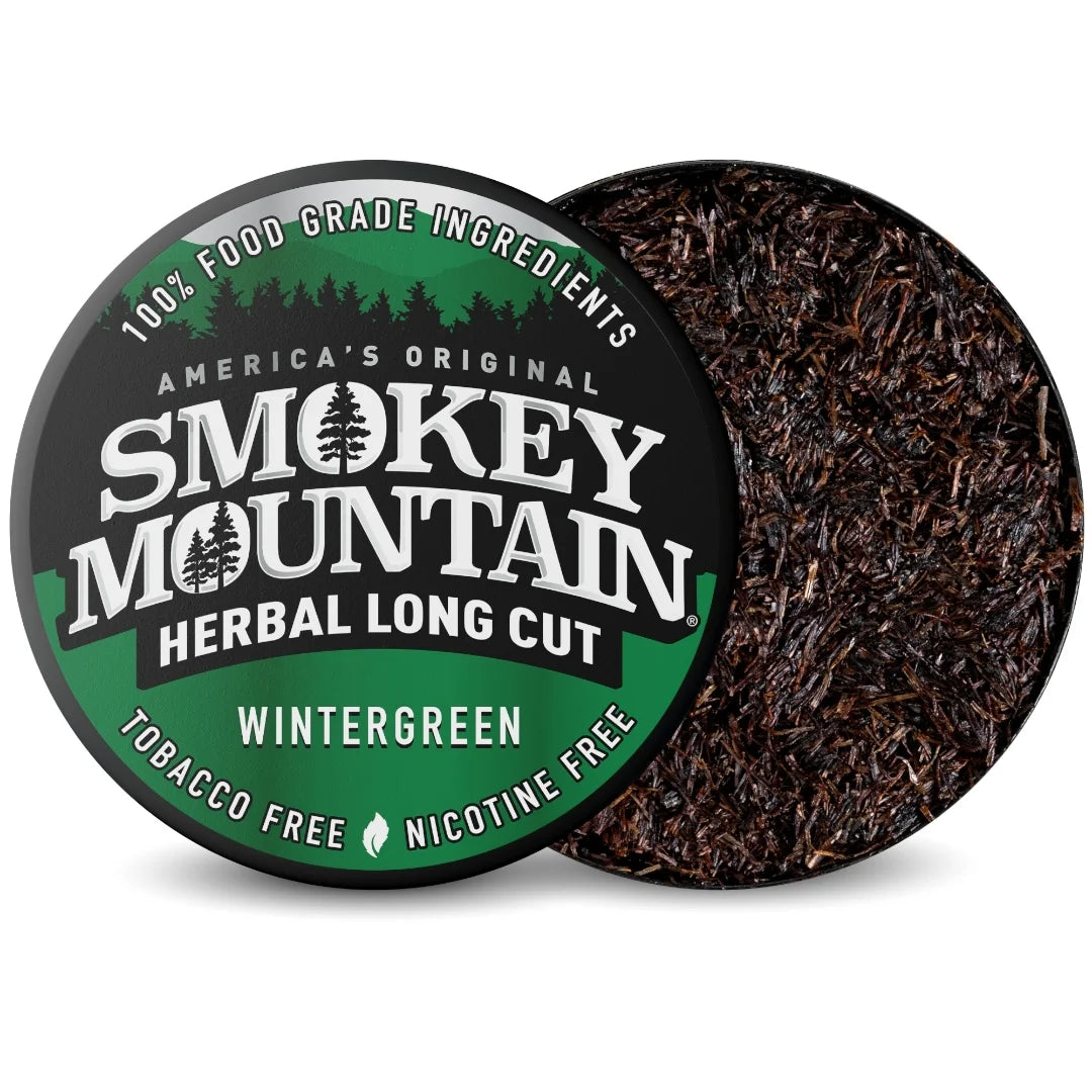 Smokey Mountain Herbal Long Cut wintergreen tobacco product with packaging on a white background