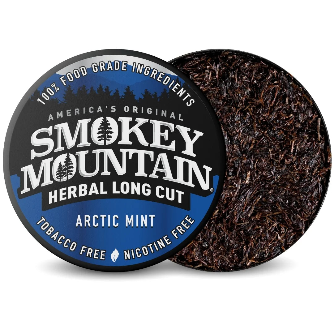 Smokey Mountain Herbal Long Cut Arctic Mint product with packaging on a white background