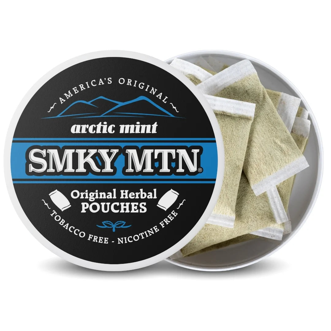 Smokey Mountain Arctic Mint herbal pouches in a container on a white background