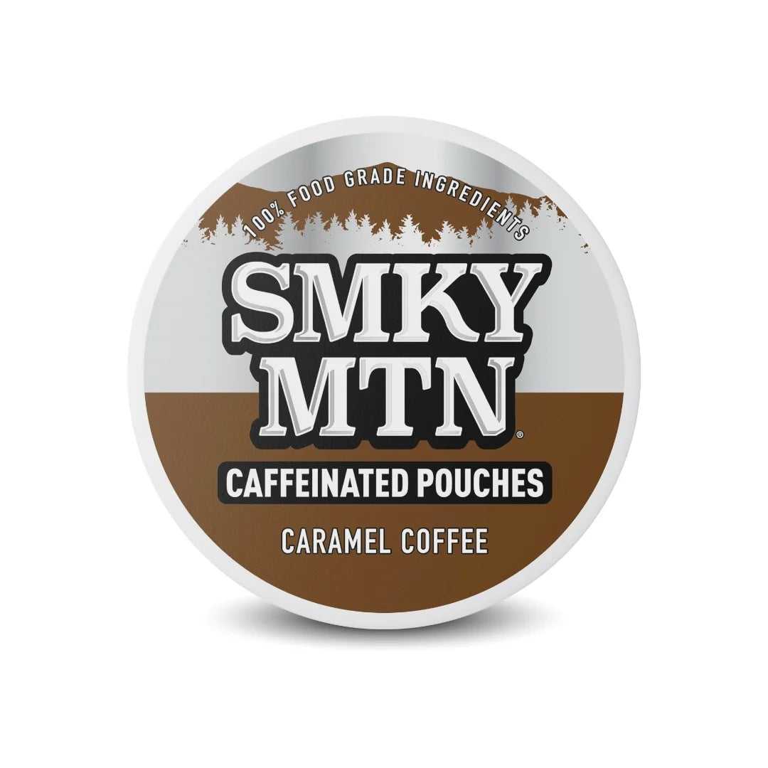 Caramel coffee pouch with 'Smky MTN' branding on a white background