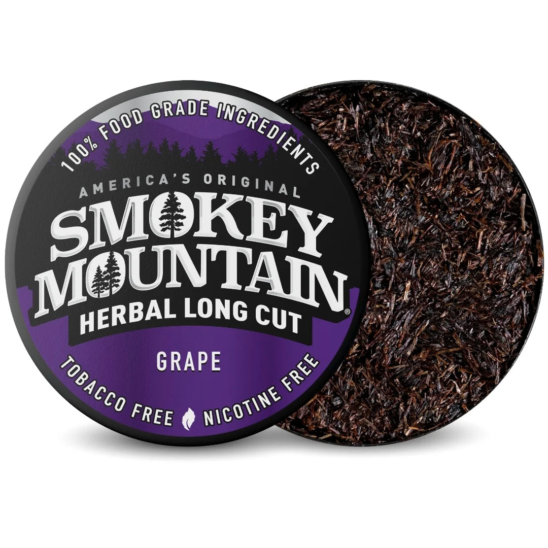 Smokey Mountain Herbal Long Cut Grape tobacco product with packaging on a white background