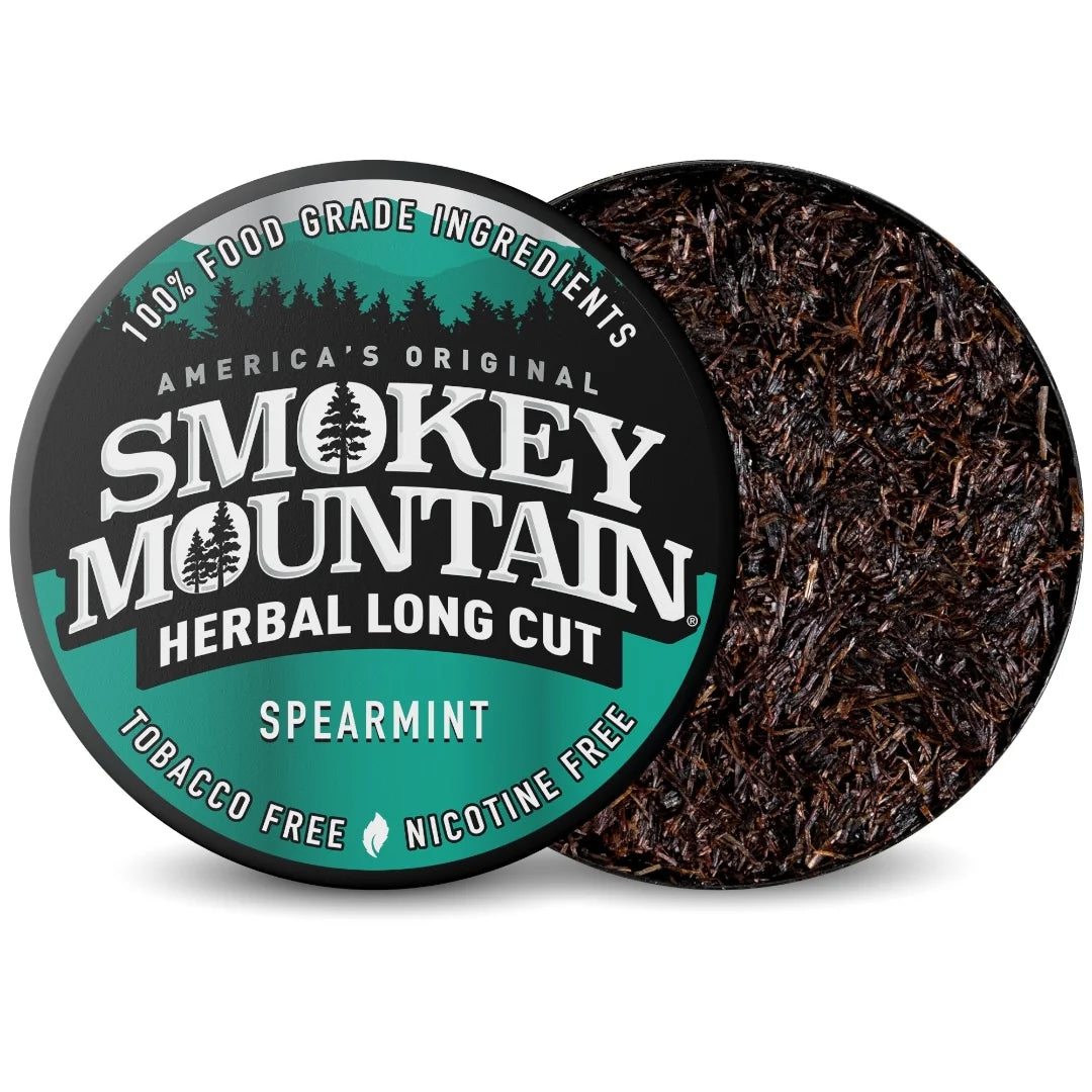 Smokey Mountain Herbal Long Cut Spearmint product with packaging on a white background