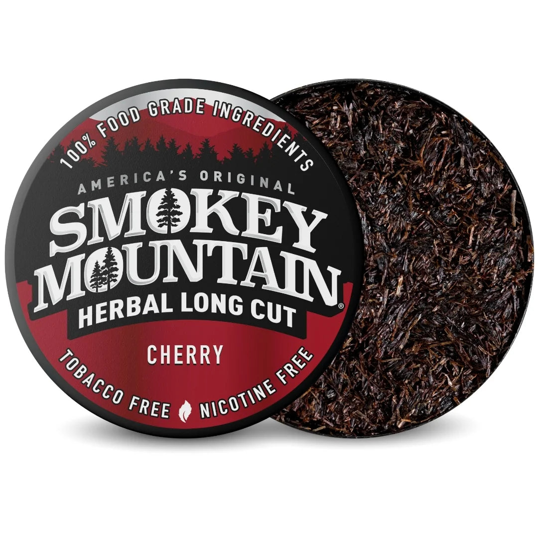 Smokey Mountain Herbal Long Cut Cherry tobacco-free product with packaging