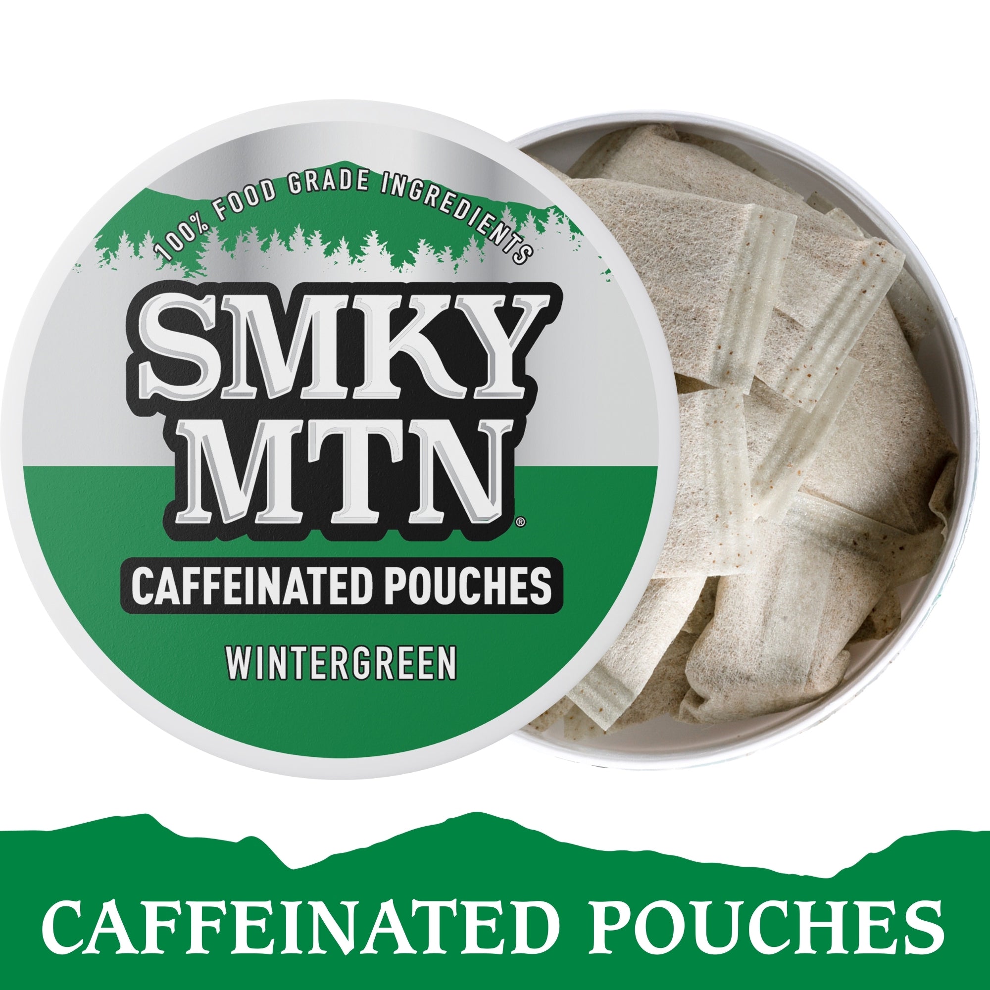 Caffeinated pouches in a 'Smky MTN' container with visible branding and product details.