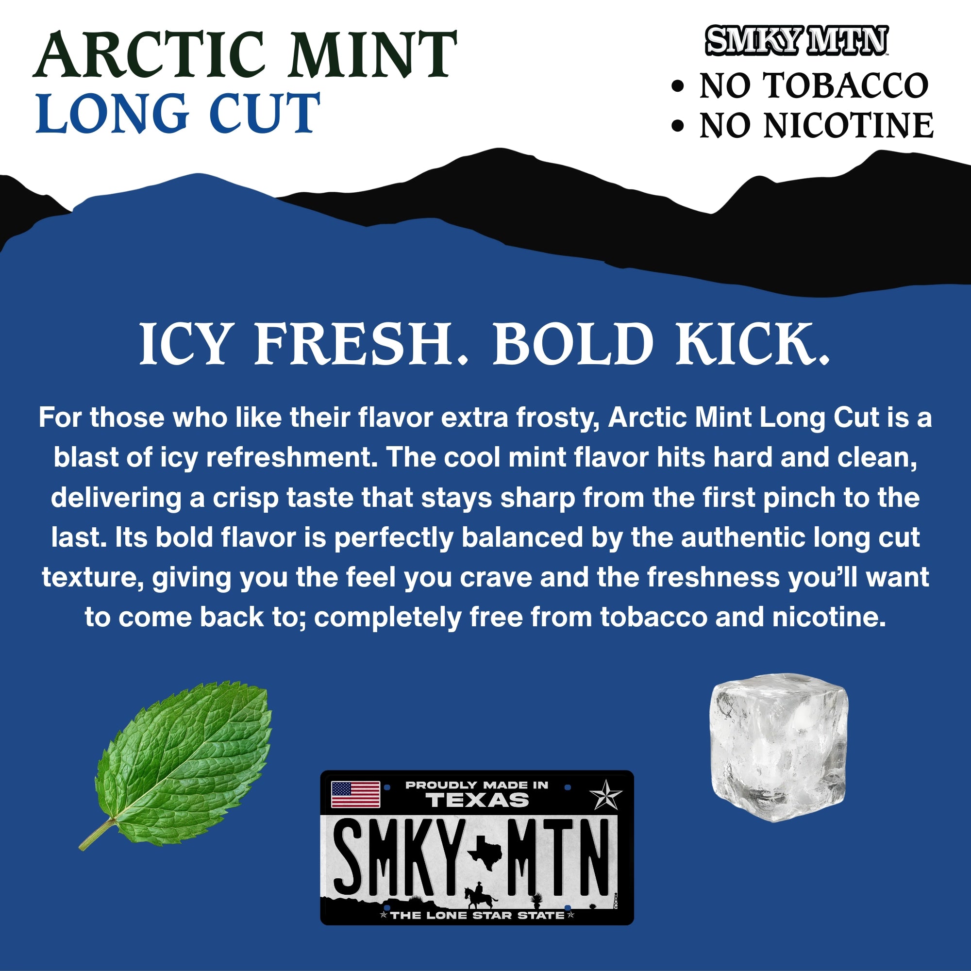 Advertisement for Arctic Mint Long Cut with text and graphics on a blue background