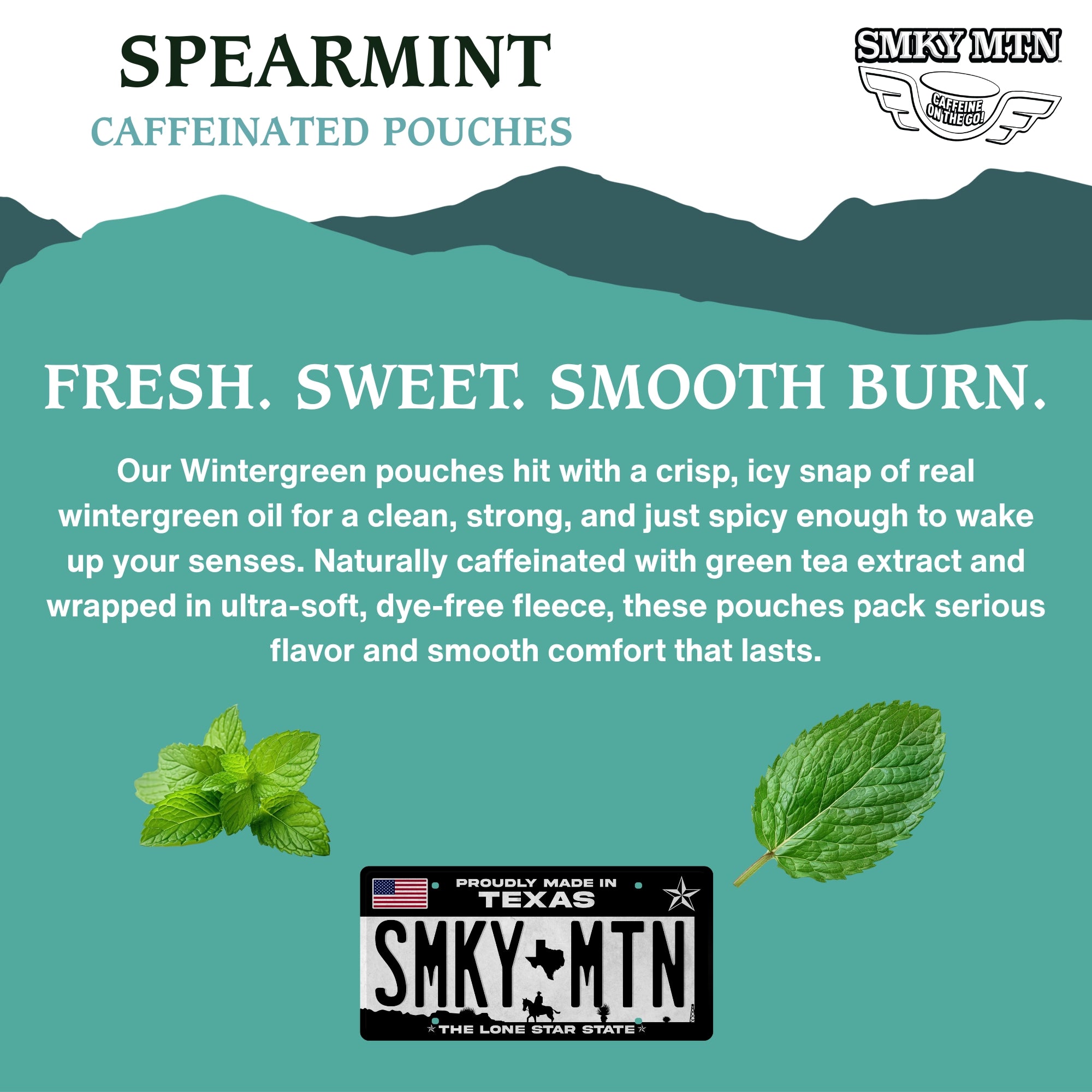 Advertisement for Spearmint Caffeinated Pouches by Smky MTN with green leaves and branding elements.