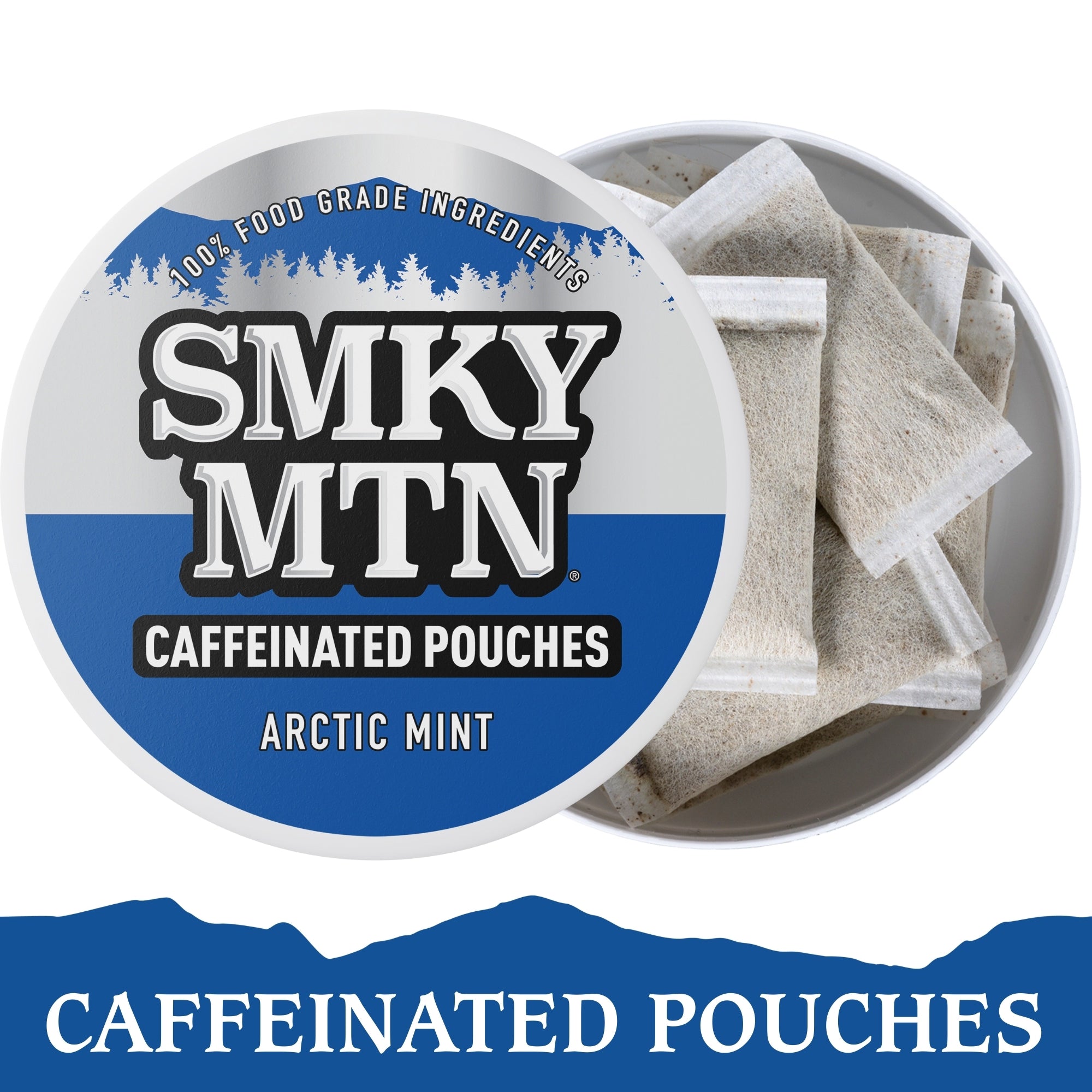 Caffeinated pouches with 'SMKY MTN' branding on a white background