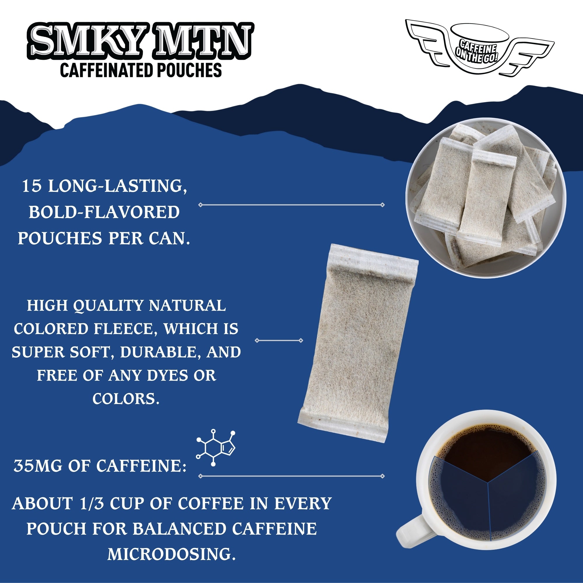 Promotional graphic for Smky MTN caffeinated pouches with product details on a blue background.