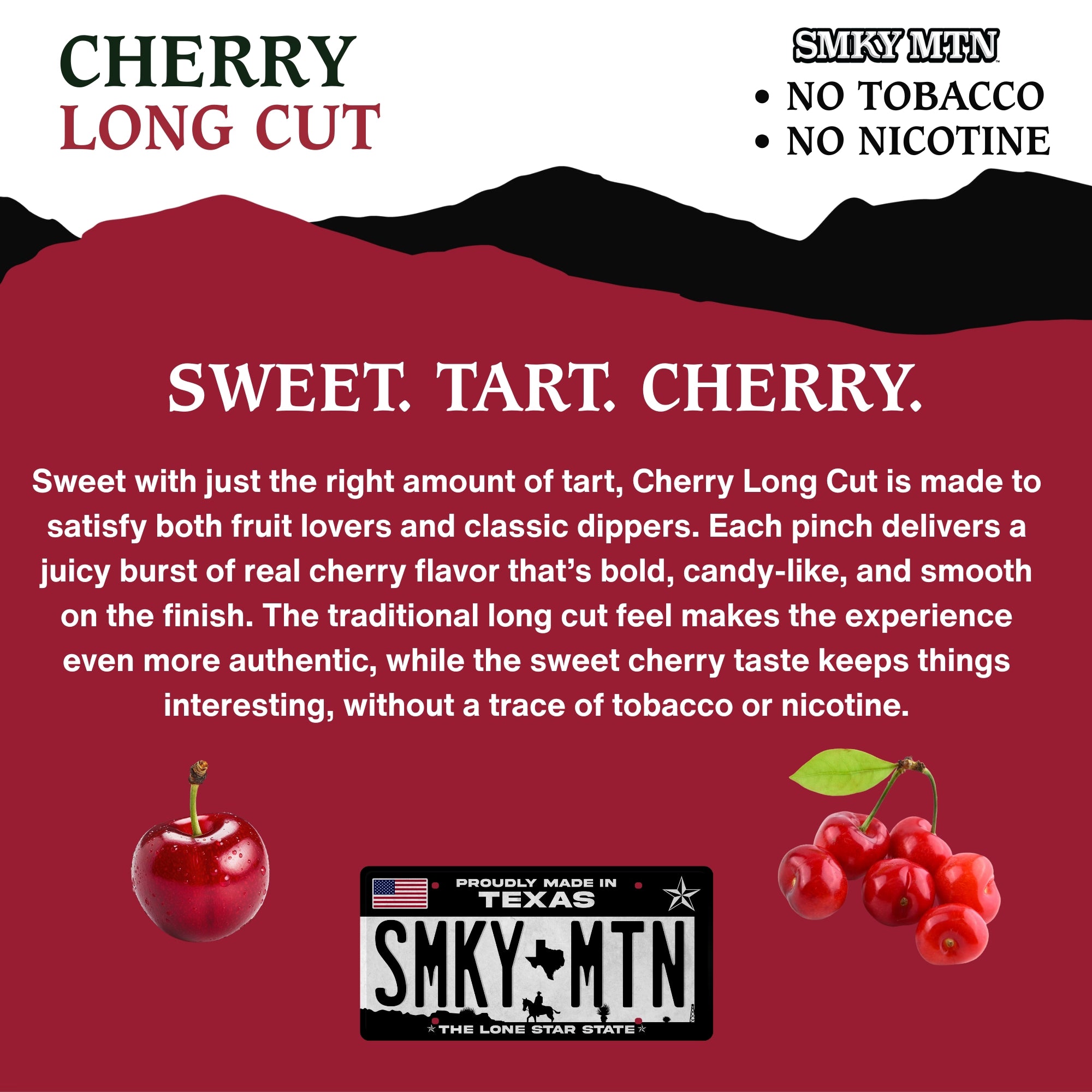 Advertisement for Cherry Long Cut with cherry graphics and Smokey Mountain branding.