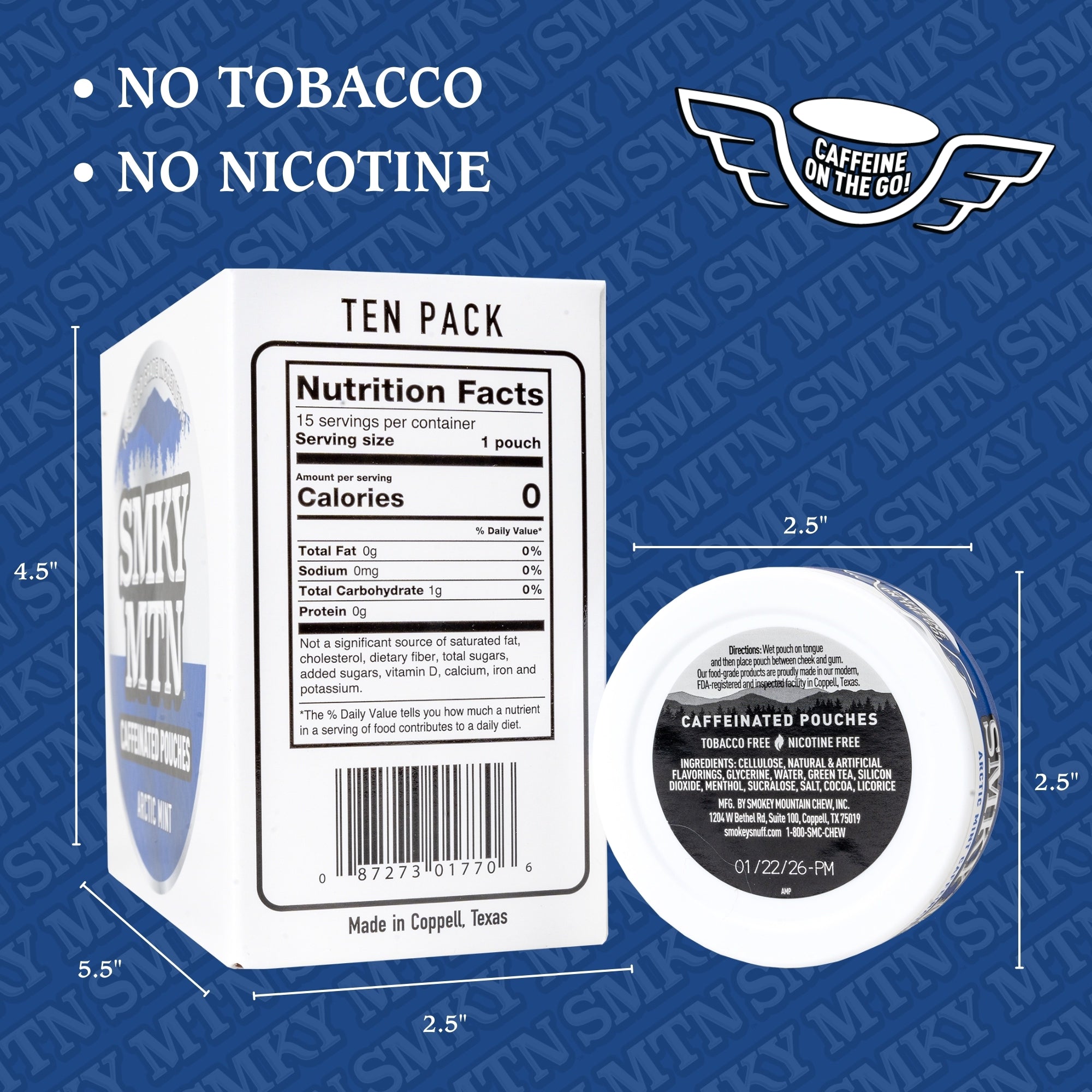 Caffeinated pouches packaging with dimensions and nutrition facts label on a blue background.