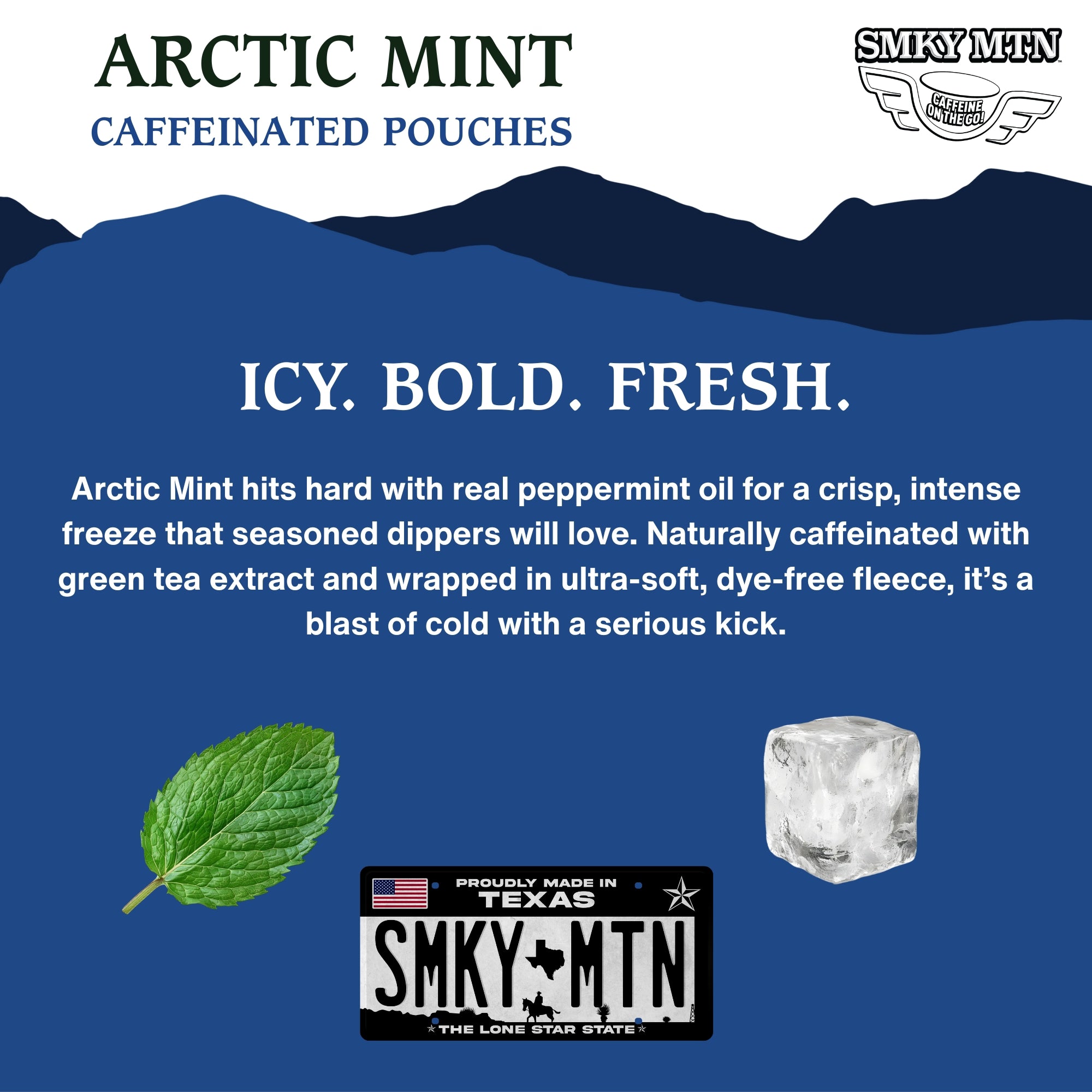 Advertisement for Arctic Mint caffeinated pouches with text and graphics on a blue background.