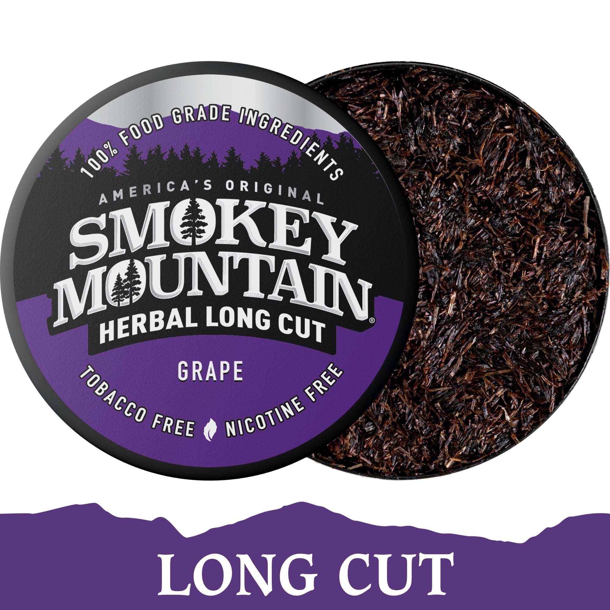 Smokey Mountain Herbal Long Cut Grape tobacco-free product with purple and black packaging.