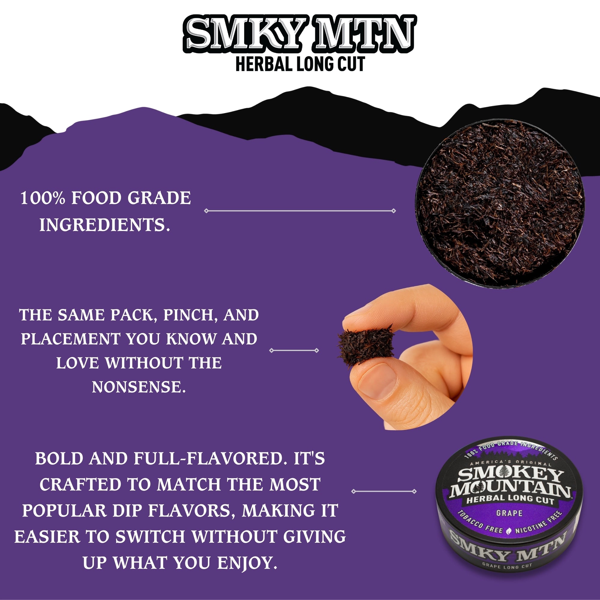 Advertisement for Smokey MTN Herbal Long Cut with product packaging, ingredients text, and hand holding product.