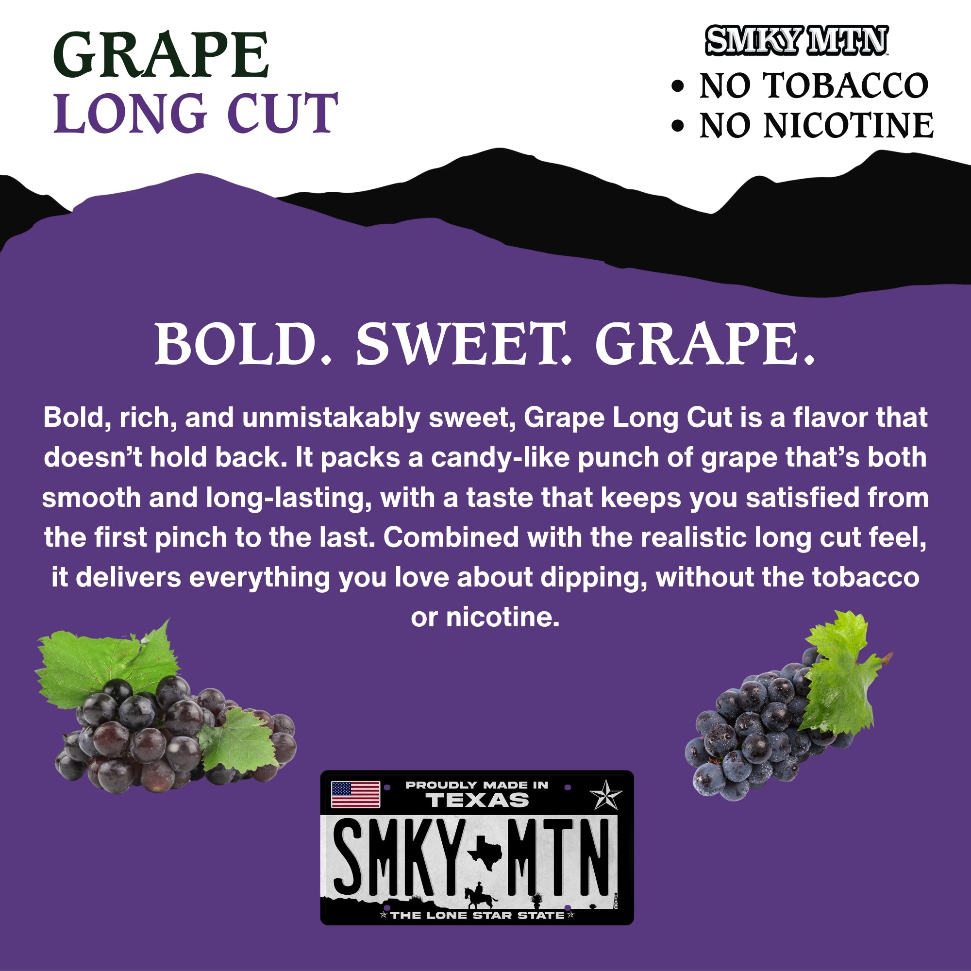 Advertisement for Grape Long Cut flavor with text and Smky Mtn logo on a purple background