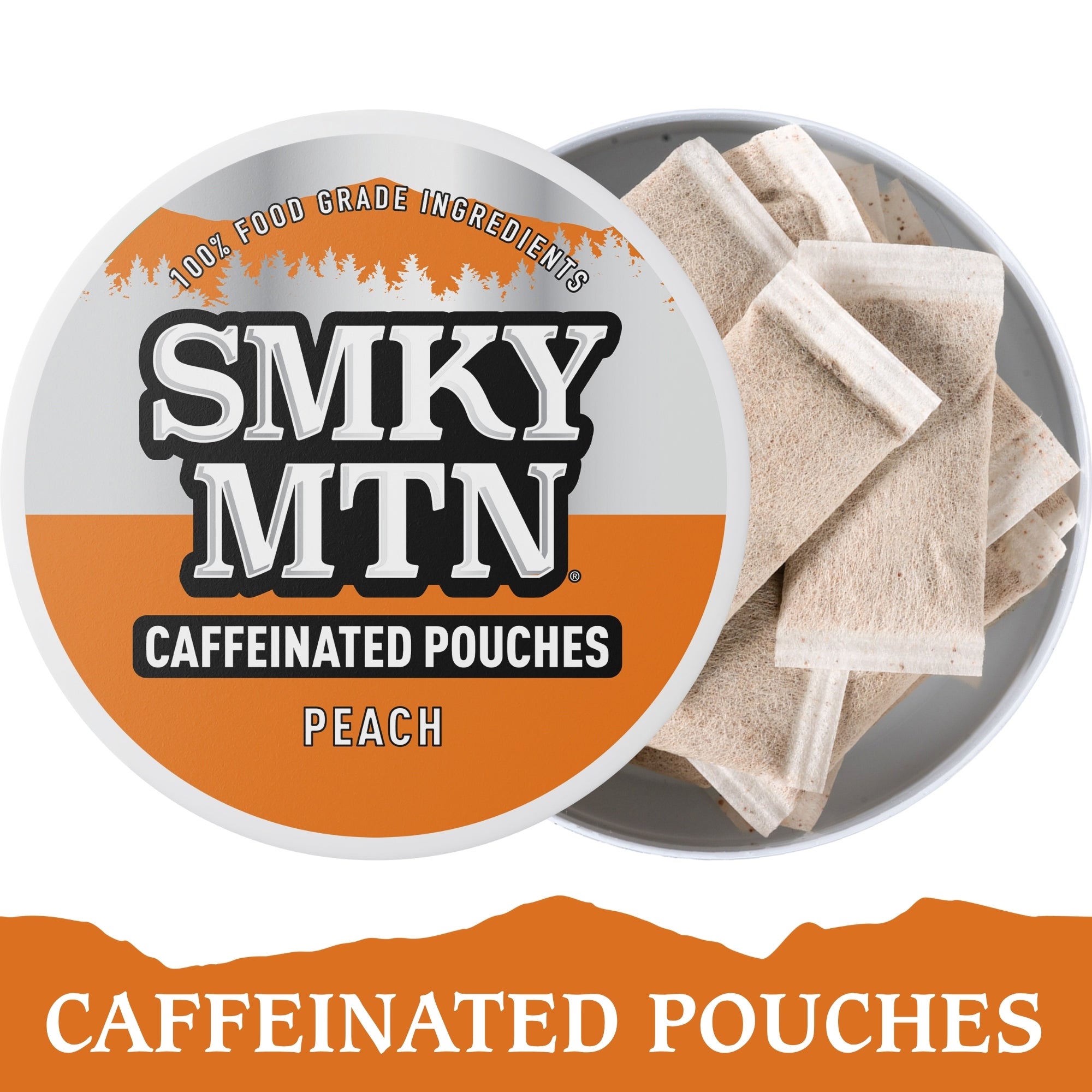 Smky MTN caffeinated peach pouches packaging on a white background