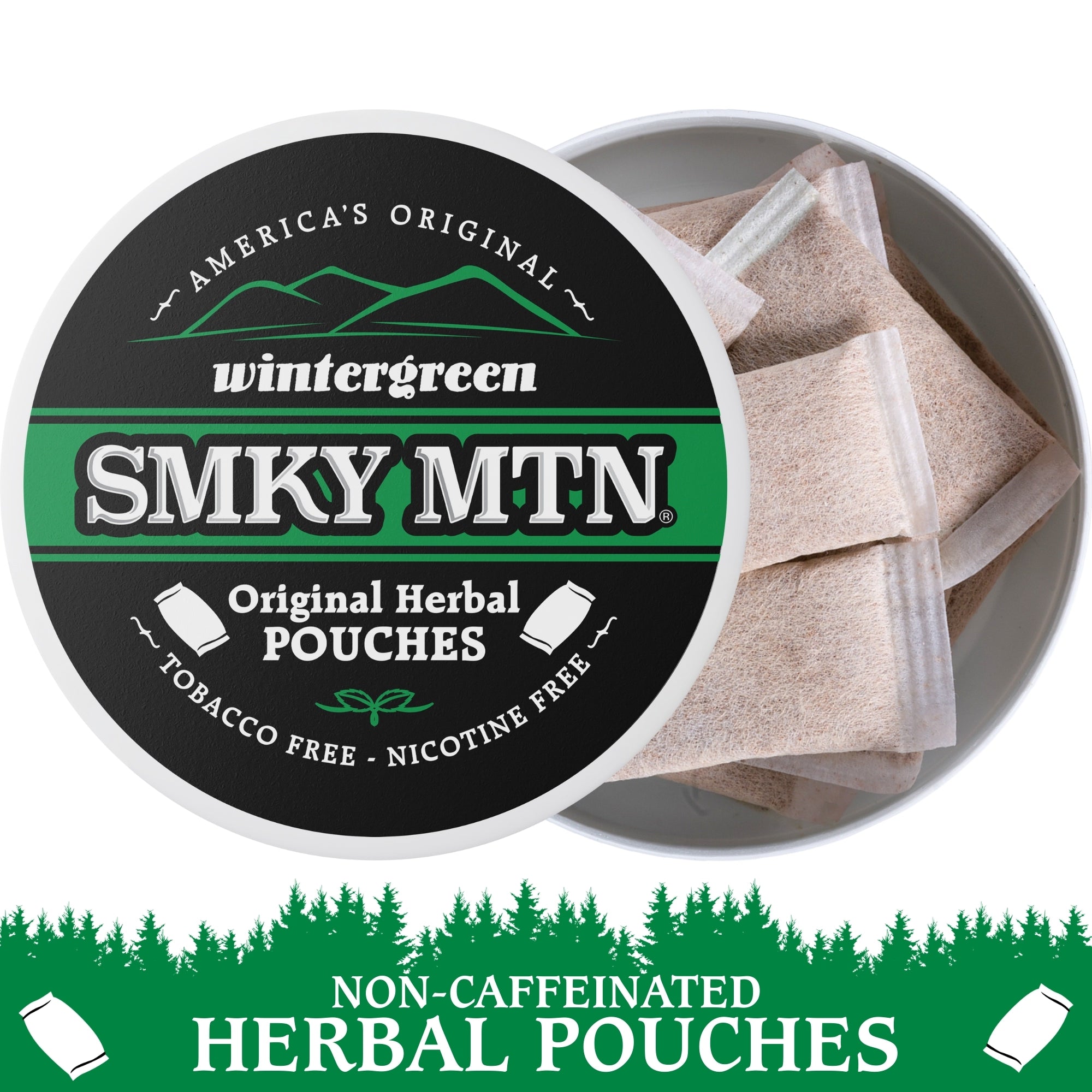 Smokey Mountain wintergreen herbal pouches packaging with green and black label.