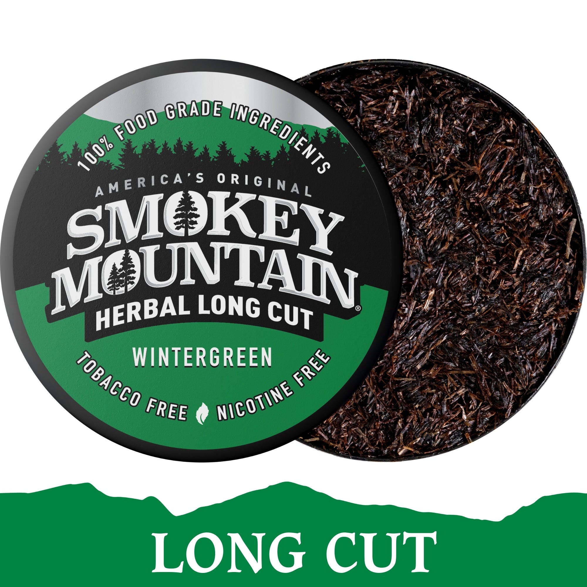 Smokey Mountain Herbal Long Cut Wintergreen product with packaging showing brand name and product details.