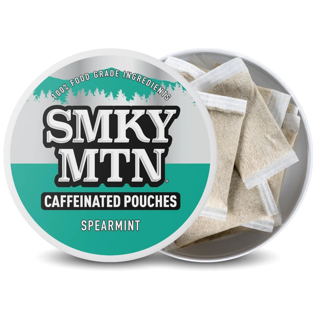 Caffeinated pouches with Spearmint flavor from Smky MTN on a white background