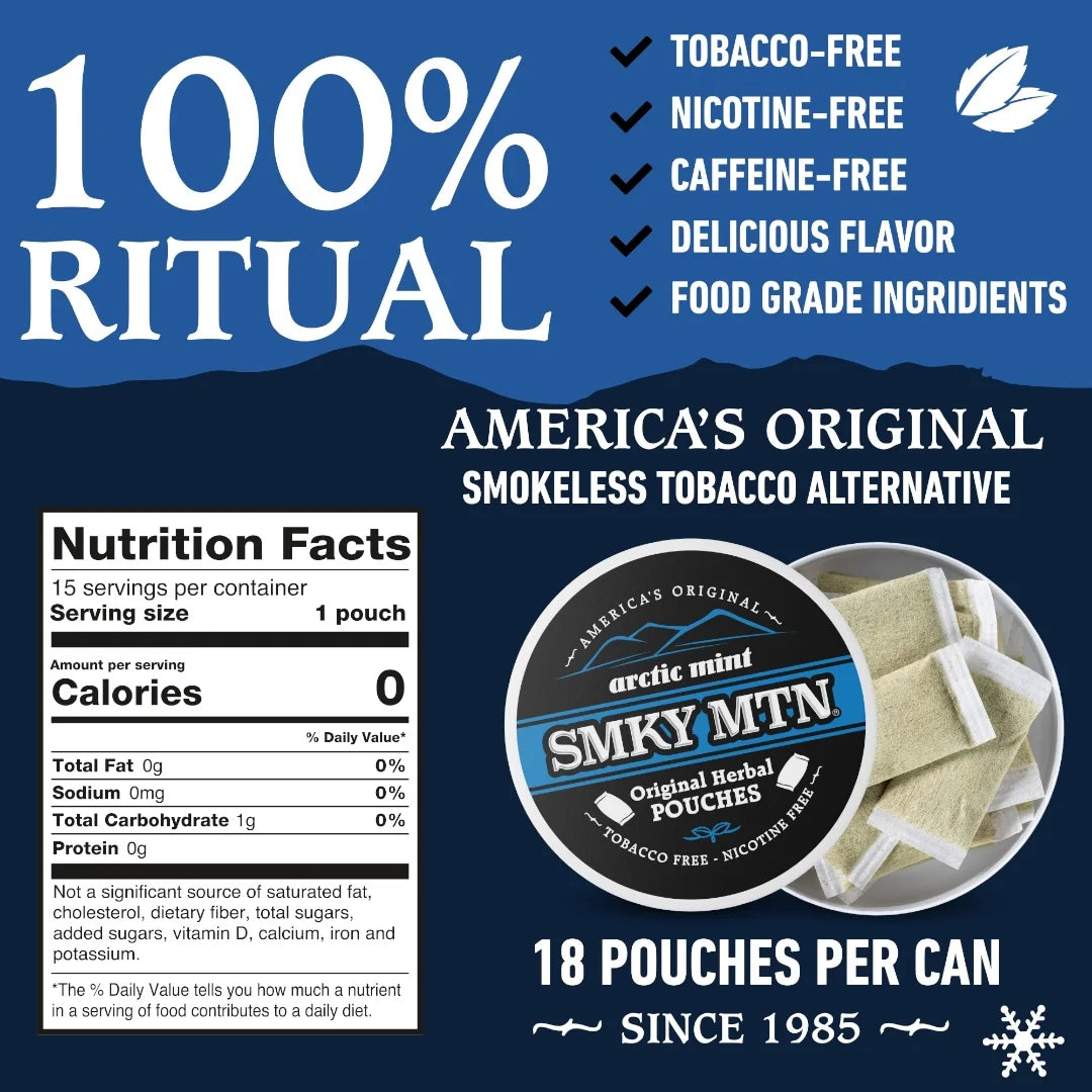Advertisement for '100% Ritual' smokeless tobacco alternative with product packaging and nutritional information.