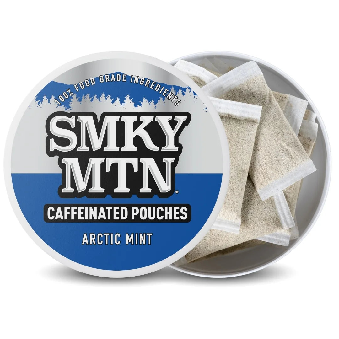 Cafeinated pouches with 'Smky MTN' branding on a white background