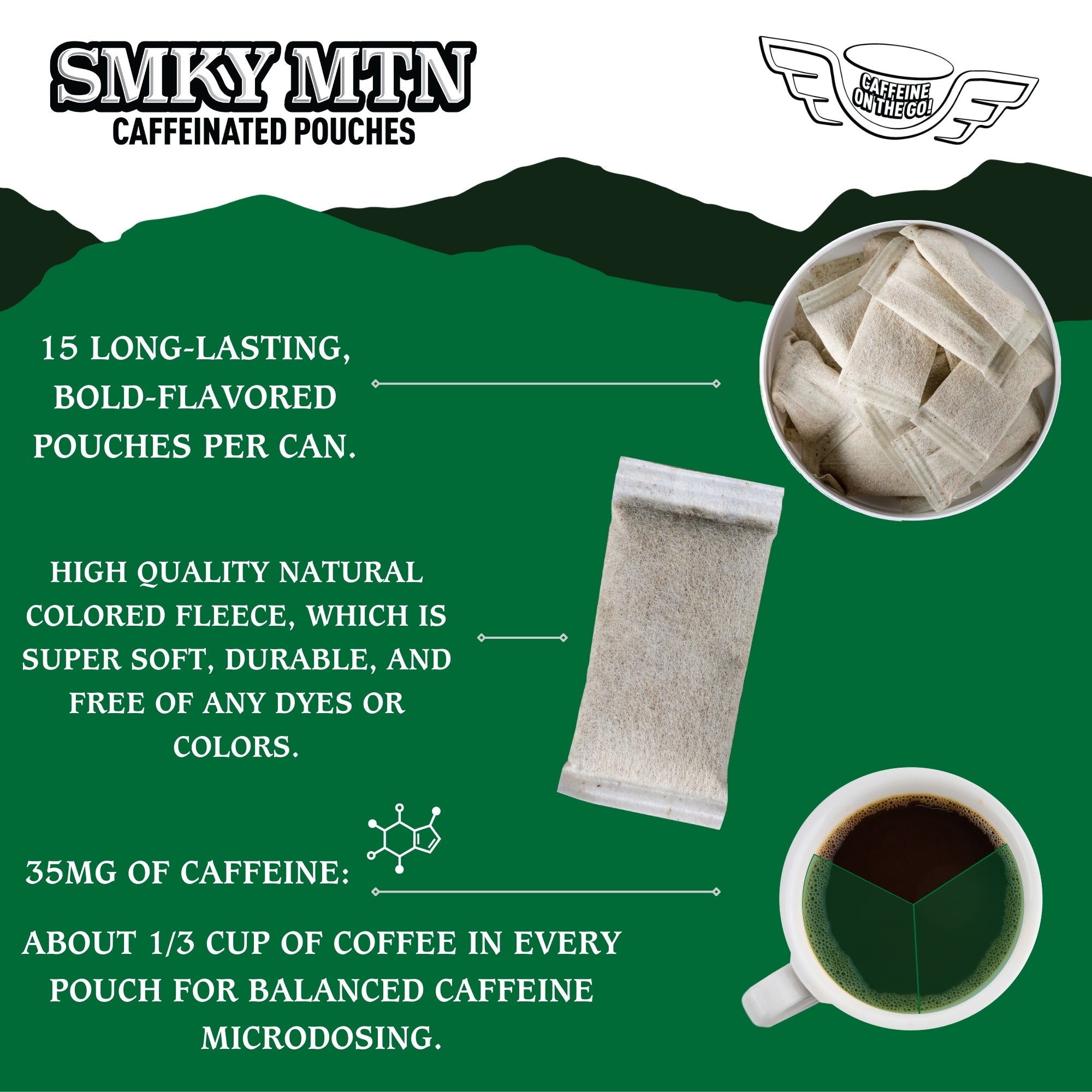 Promotional graphic for Smky MTN caffeinated pouches with text and product images on a green background.