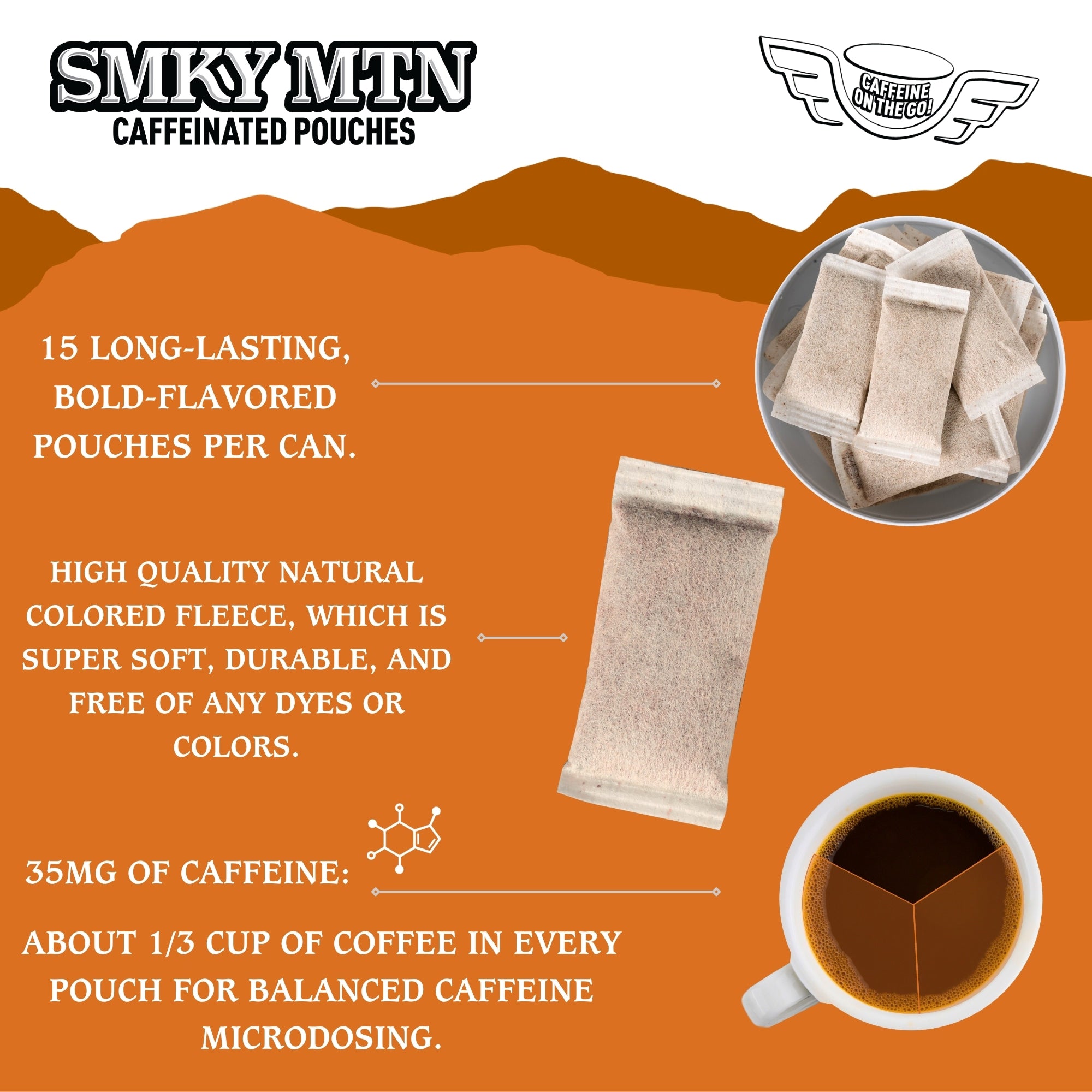 Promotional graphic for Smky MTN caffeinated pouches with text and product images on an orange background.