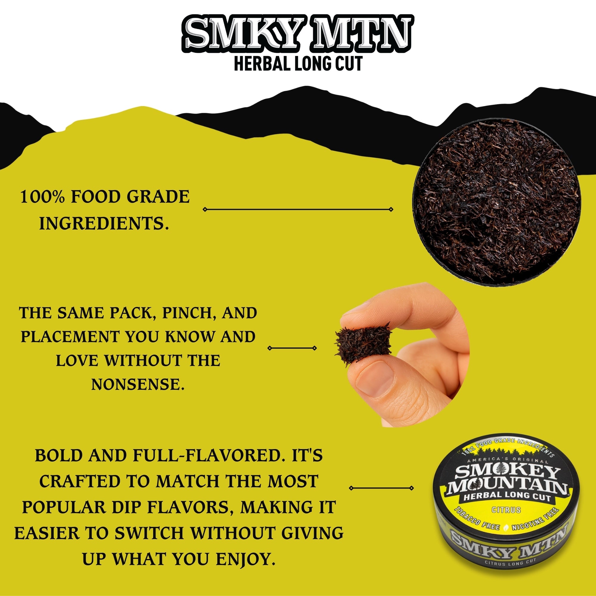Smokey Mountain Herbal Long Cut product with text on a yellow background